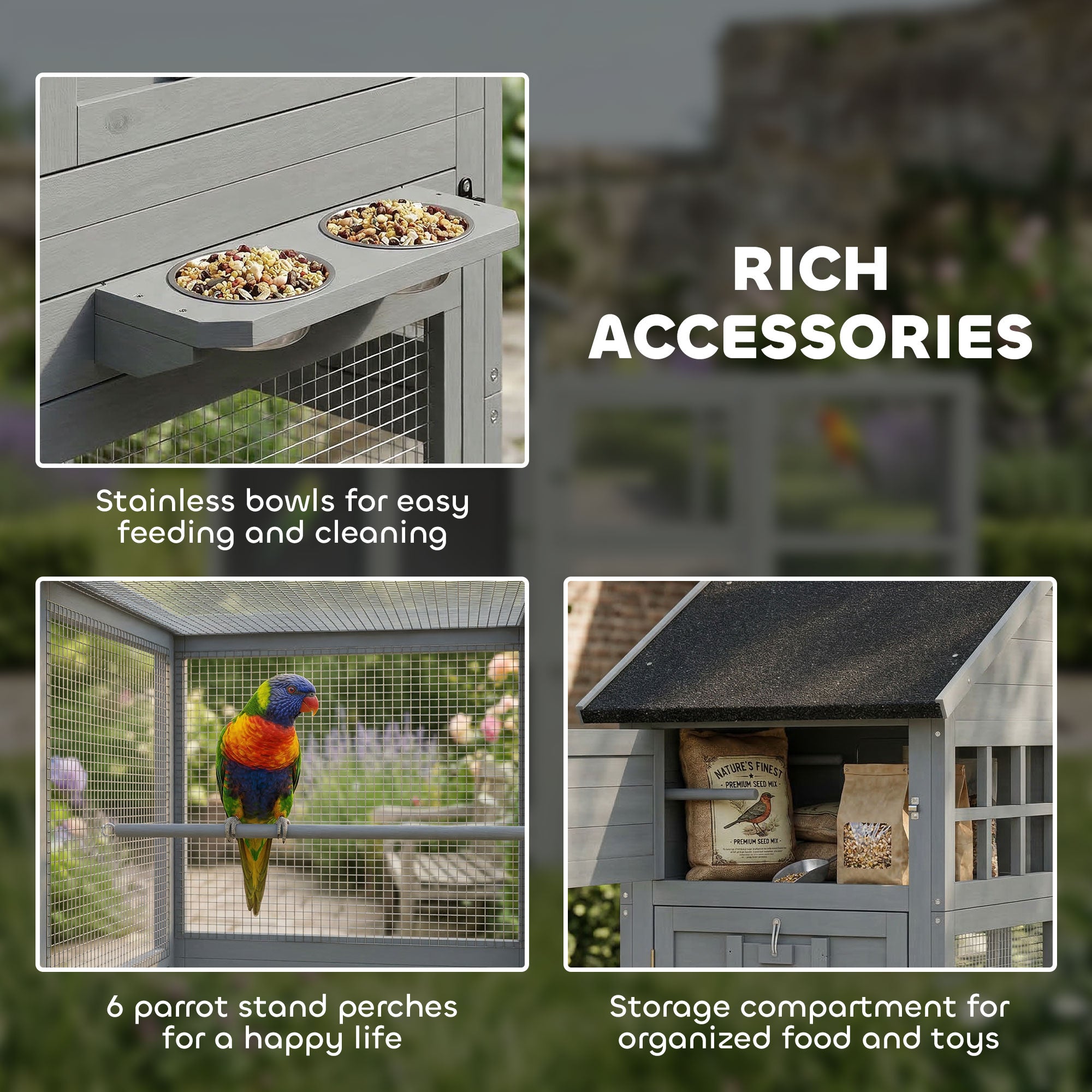 Wooden Bird Aviary with Extension — 6 Perches, 7 Doors, Storage Compartment, Pull-Out Drawer, Stainless Bowls for Finches & Budgies, Gray — 196 x 60 x 164.5 cm (77.2 x 23.6 x 64.8 in)