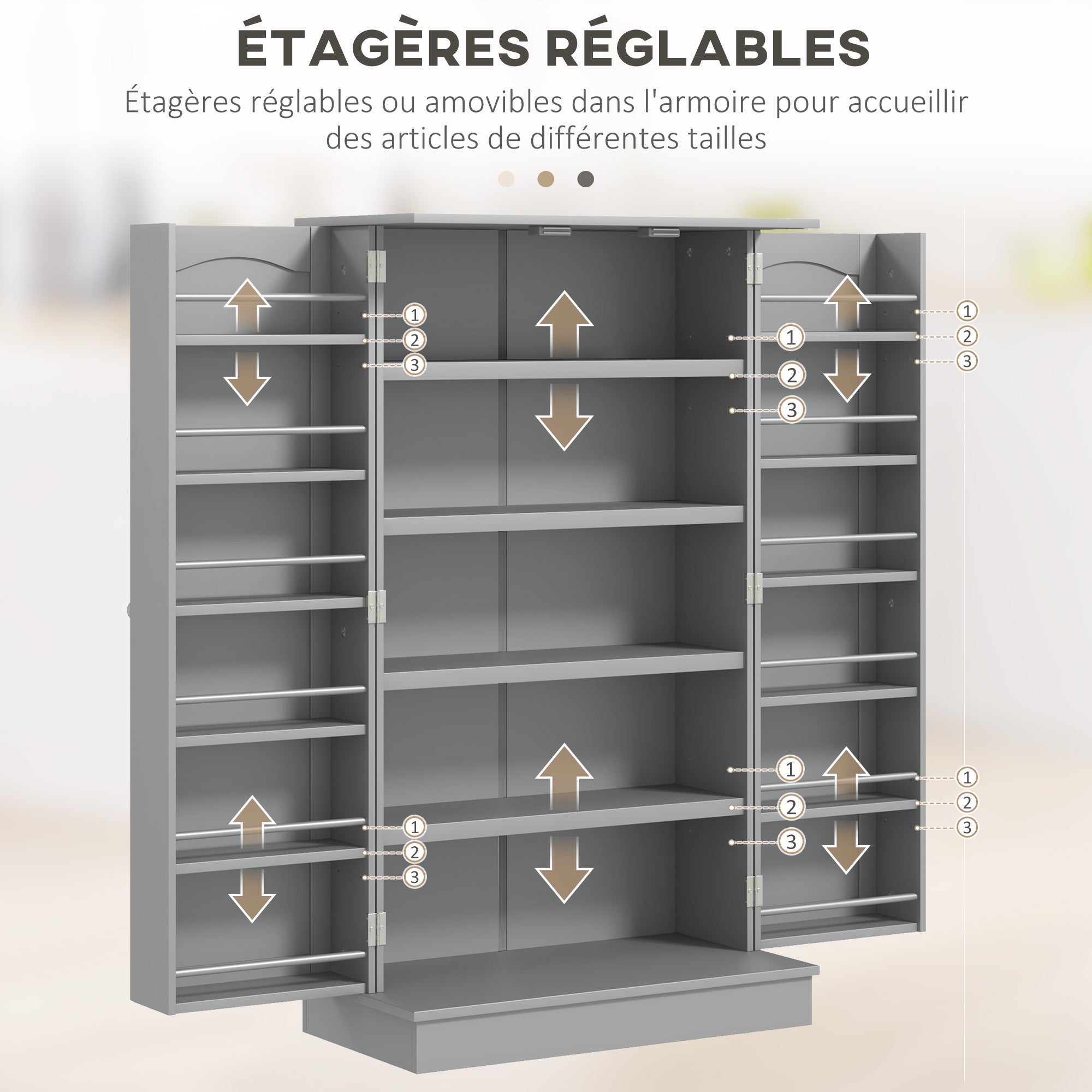 Kitchen Cabinet Buffet Storage Cabinet Modern with Cupboards, Adjustable Shelf, and 12 Spice Racks, Pantry for Dining Room, Living Room, 60 x 30 x 104 cm, Gray