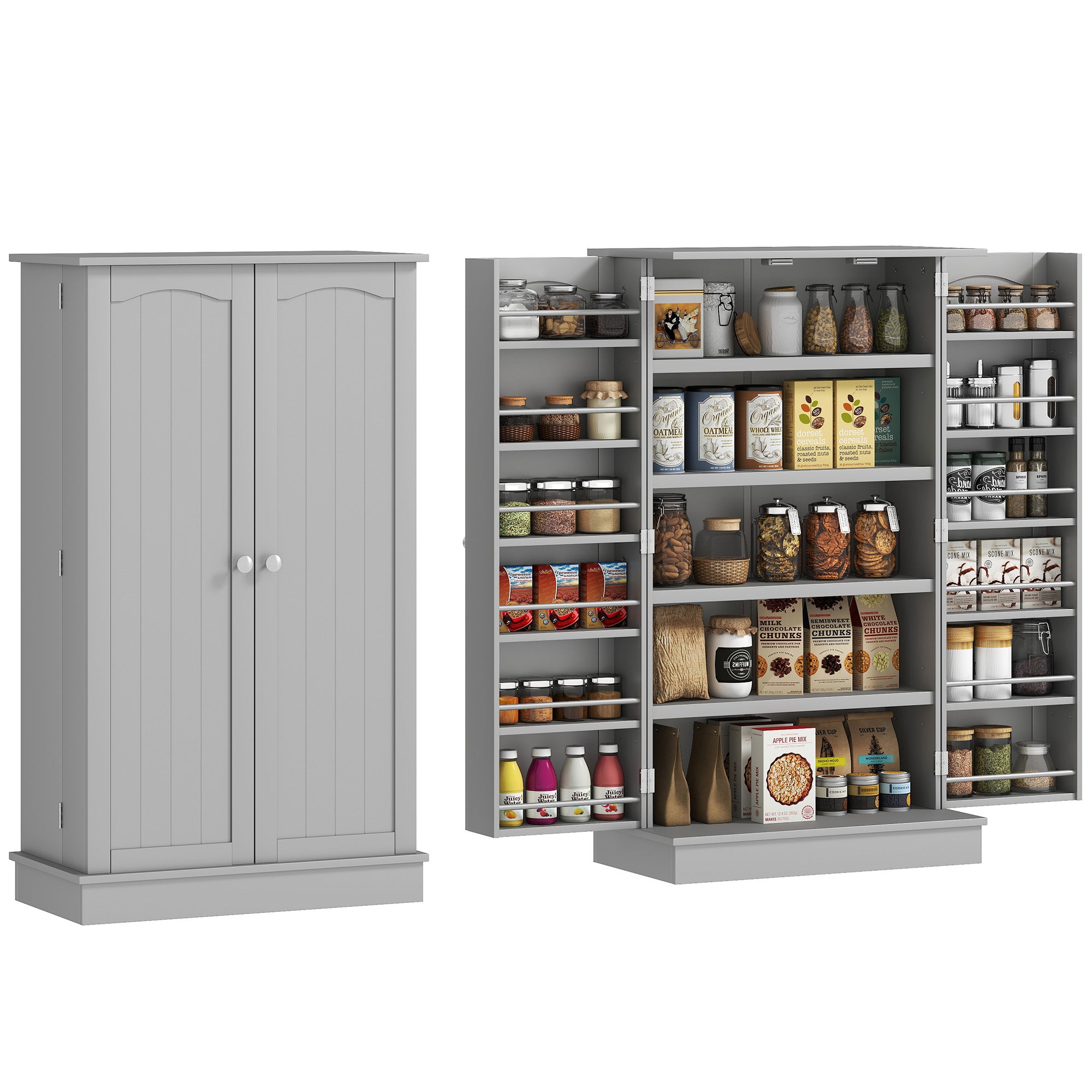 Kitchen Cabinet Buffet Storage Cabinet Modern with Cupboards, Adjustable Shelf, and 12 Spice Racks, Pantry for Dining Room, Living Room, 60 x 30 x 104 cm, Gray
