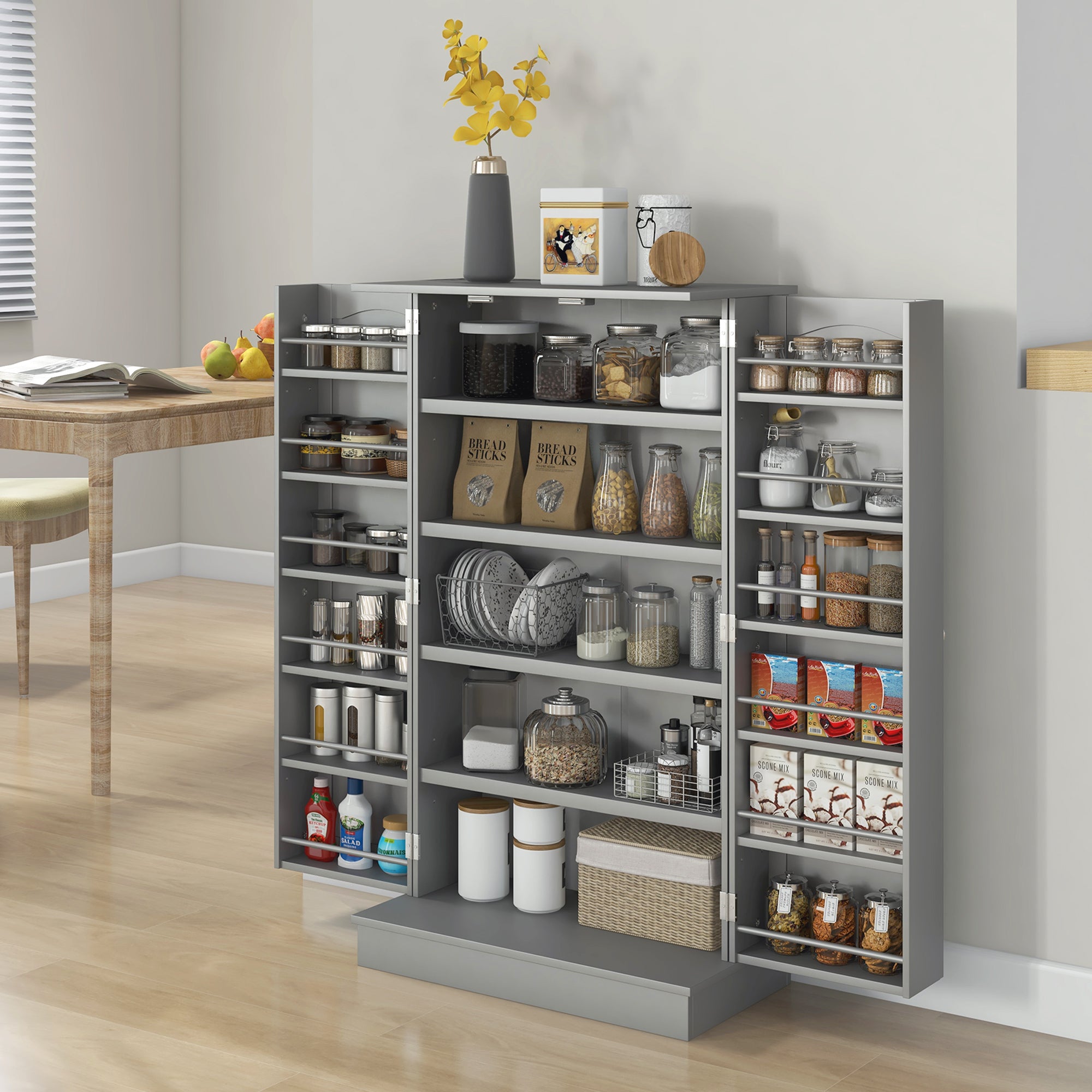 Kitchen Cabinet Buffet Storage Cabinet Modern with Cupboards, Adjustable Shelf, and 12 Spice Racks, Pantry for Dining Room, Living Room, 60 x 30 x 104 cm, Gray