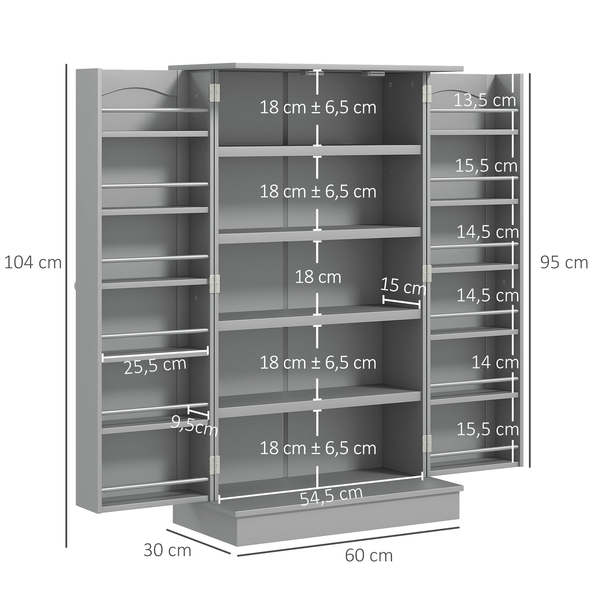 Kitchen Cabinet Buffet Storage Cabinet Modern with Cupboards, Adjustable Shelf, and 12 Spice Racks, Pantry for Dining Room, Living Room, 60 x 30 x 104 cm, Gray