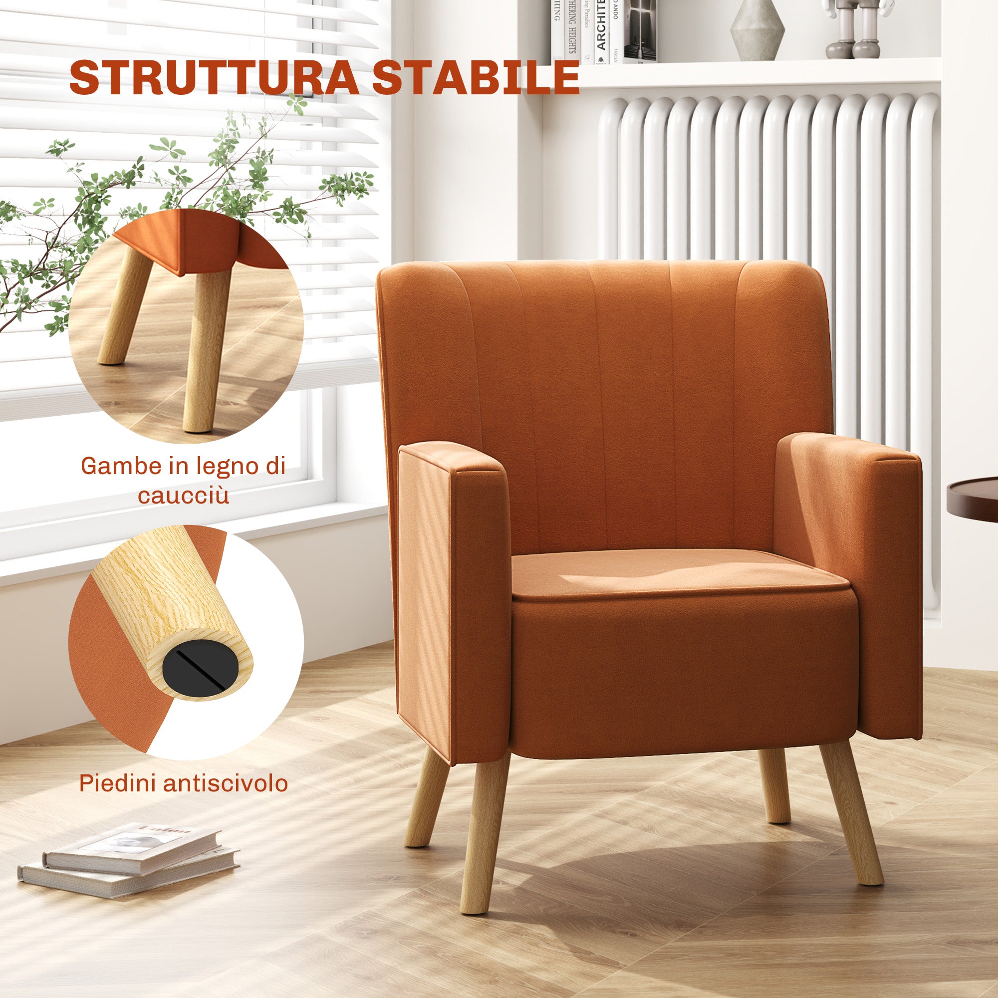 Modern Accent Armchair with Ribbed and Inclined Backrest, Living Room Armchair in Velvet Effect Fabric, 70x76x92 cm, Brown