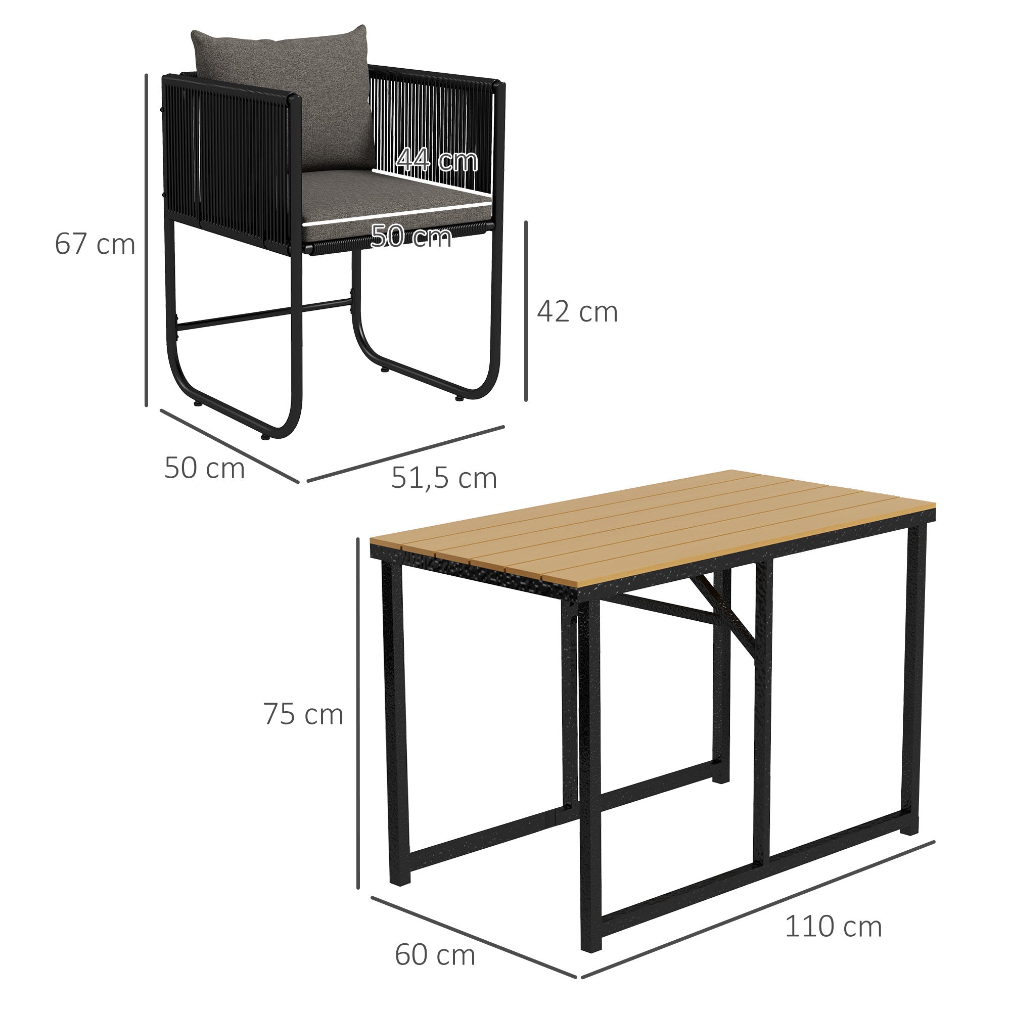 Garden Set 3-piece outdoor ensemble with 1 table and 2 chairs 4 cushions black wood-look composite tabletop