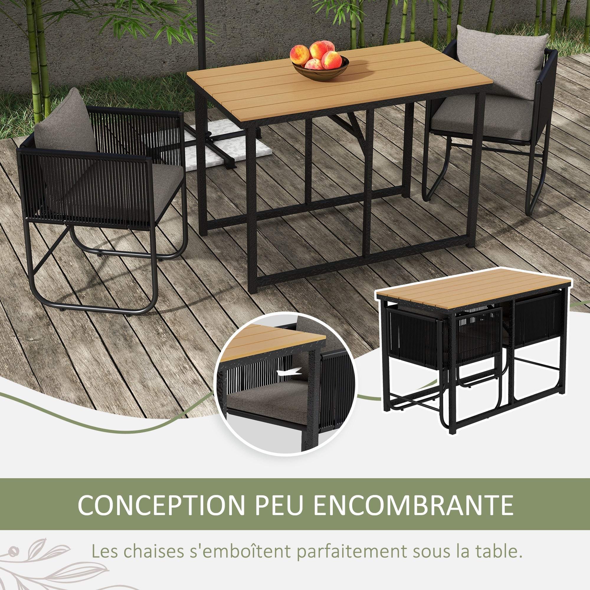Garden Set 3-piece outdoor ensemble with 1 table and 2 chairs 4 cushions black wood-look composite tabletop