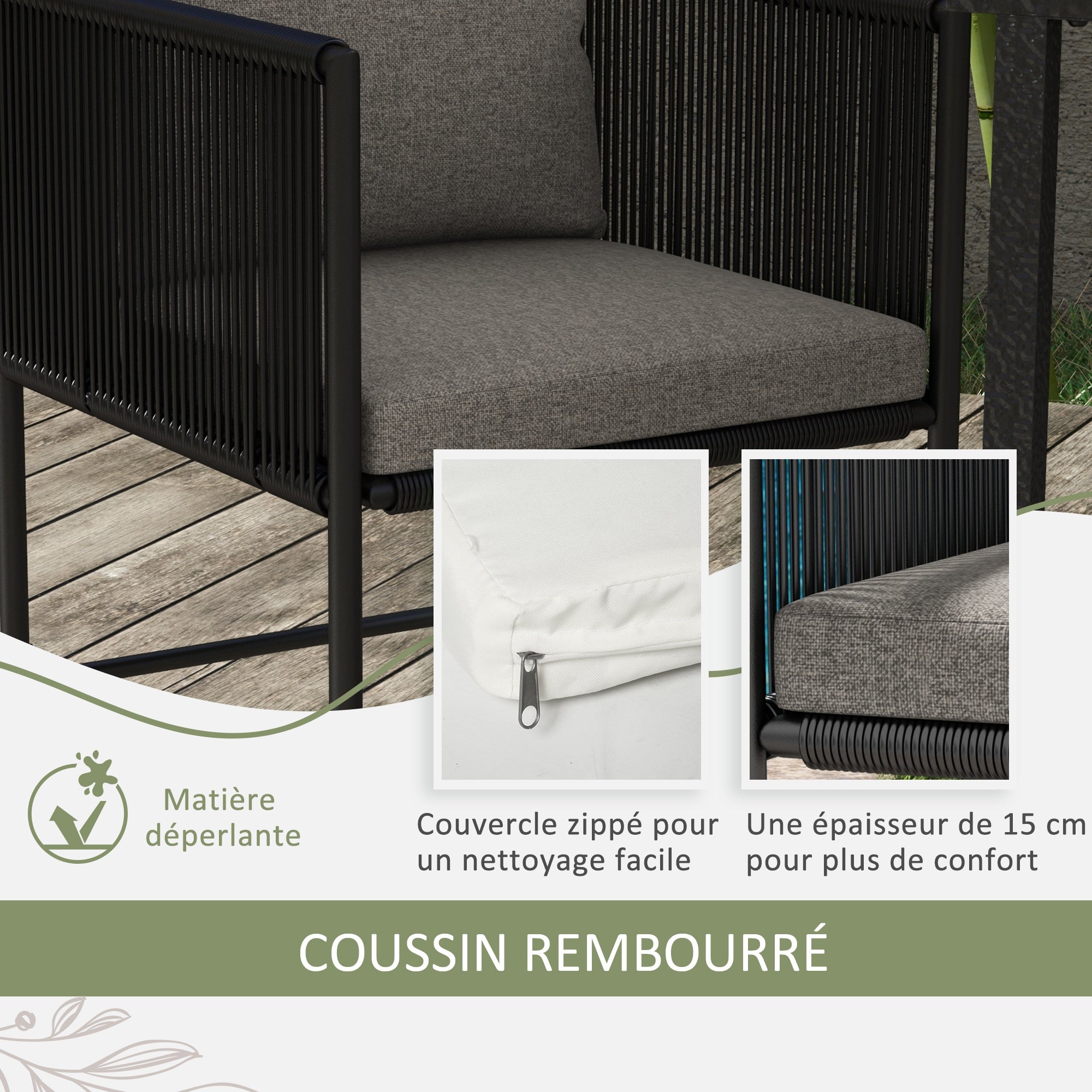 Garden Set 3-piece outdoor ensemble with 1 table and 2 chairs 4 cushions black wood-look composite tabletop