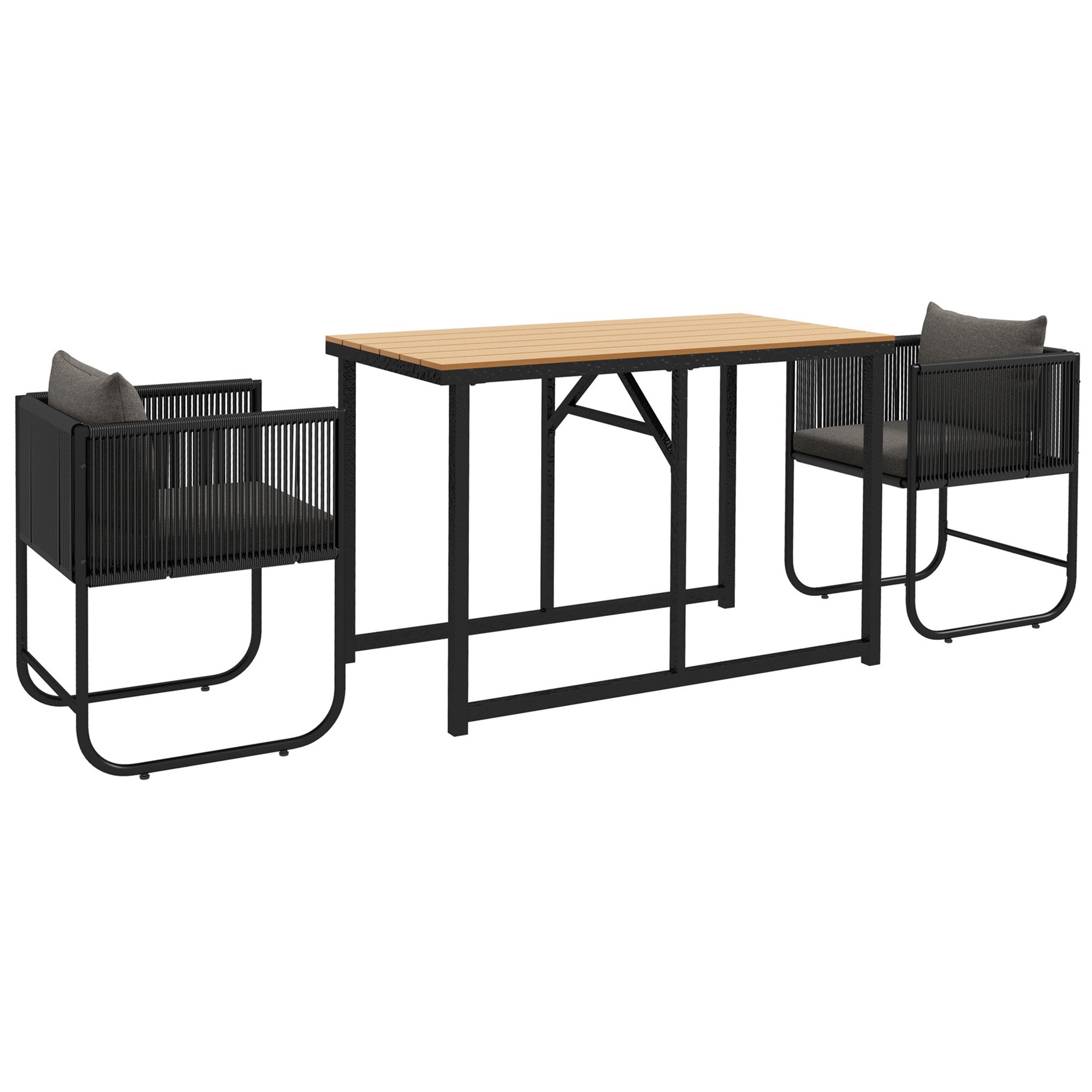 Garden Set 3-piece outdoor ensemble with 1 table and 2 chairs 4 cushions black wood-look composite tabletop