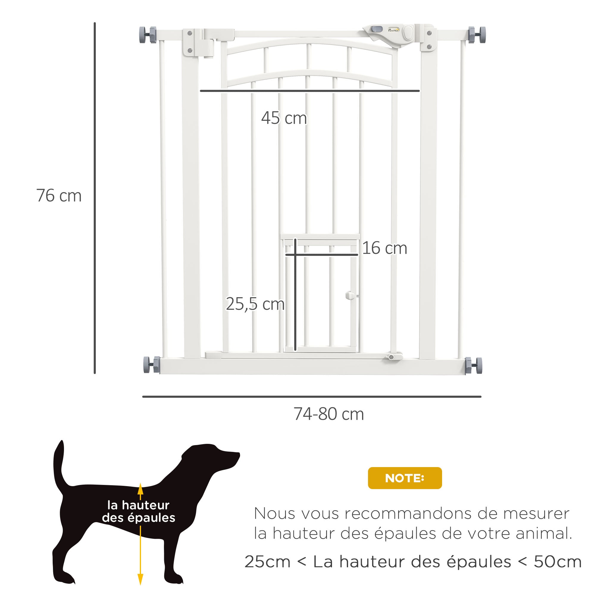 Dog Safety Gate, Pressure-Mounted Stair Gate, No Drill Installation, Auto-Close Door, Double Locking System, 74 to 80 cm, Steel, White
