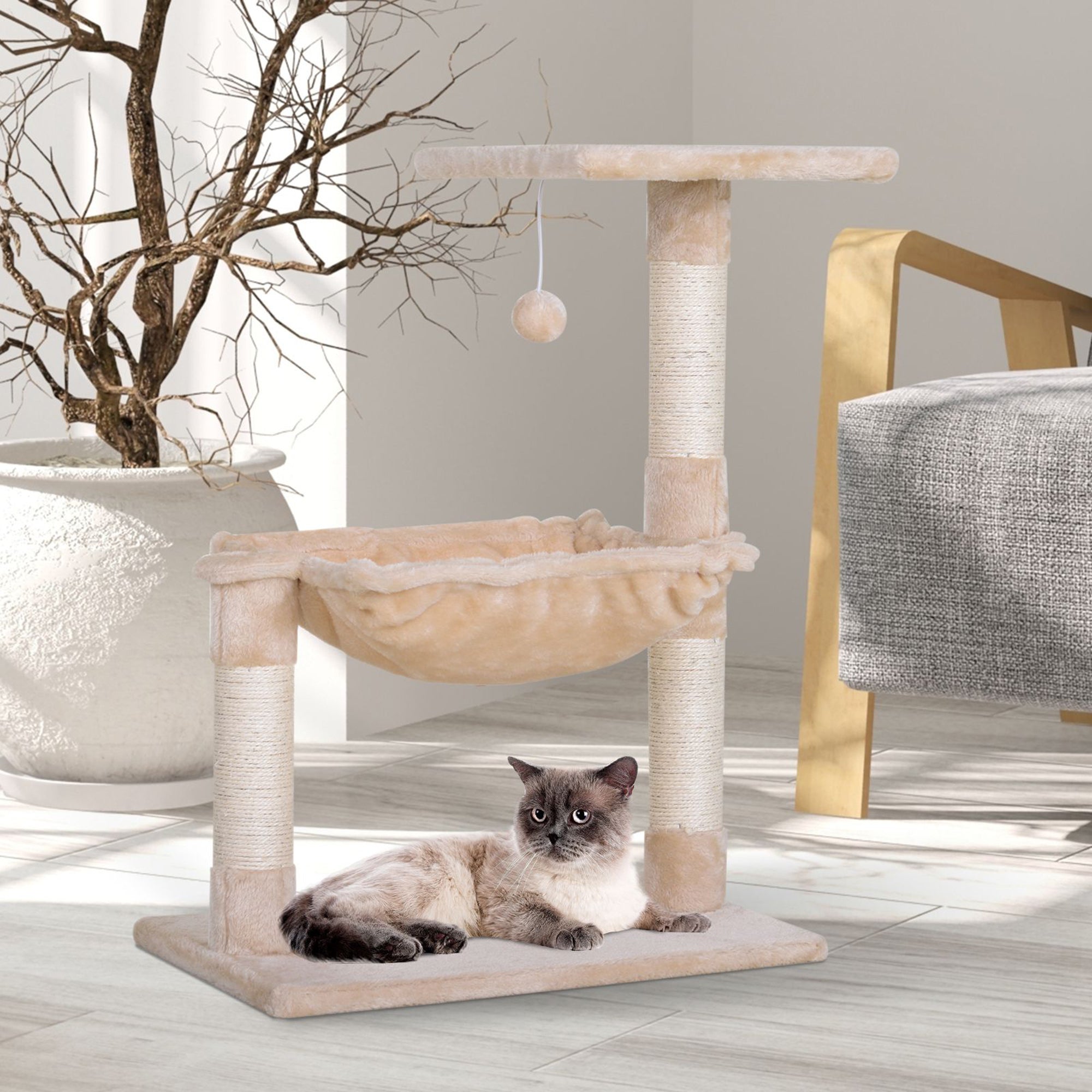 Cat Scratching Tree Activity Center Platform House Sisal Posts Hammock Ball 50x36x70 cm Beige