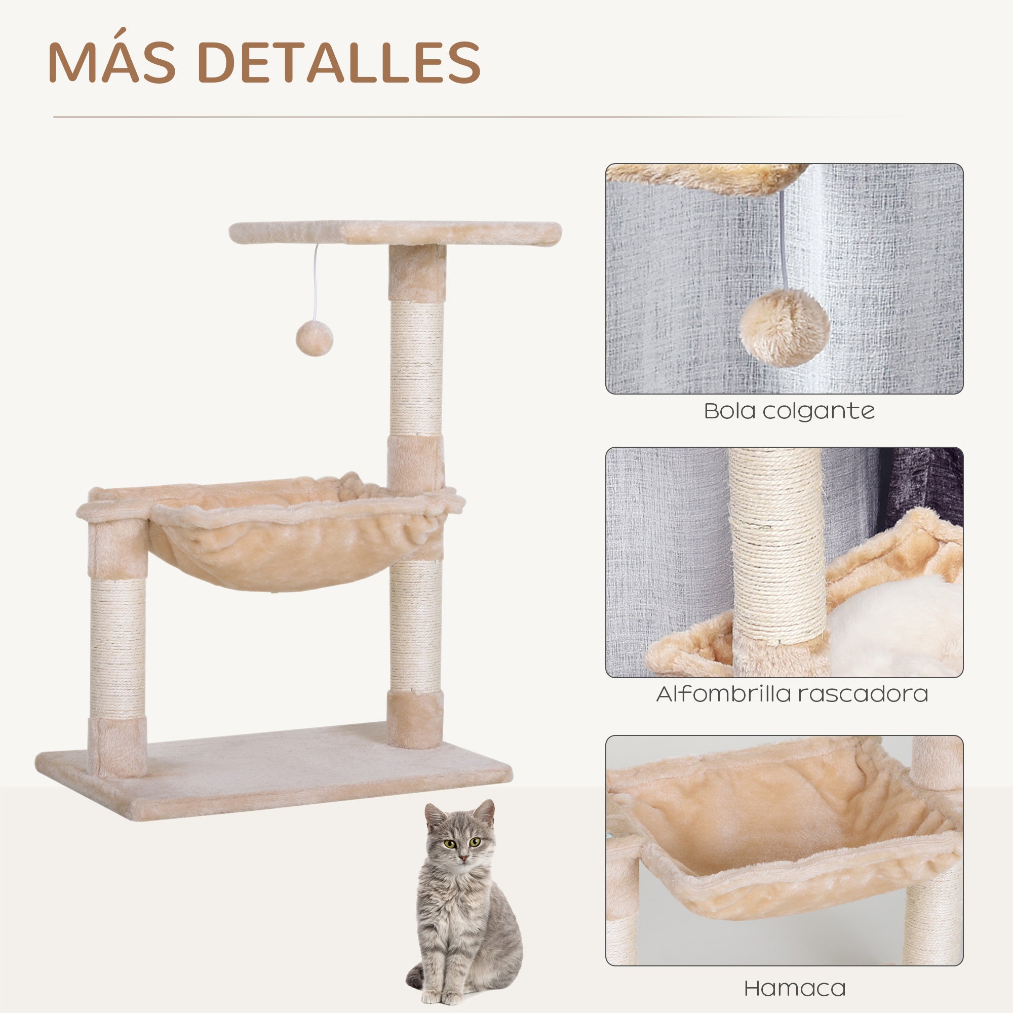 Cat Scratching Tree Activity Center Platform House Sisal Posts Hammock Ball 50x36x70 cm Beige