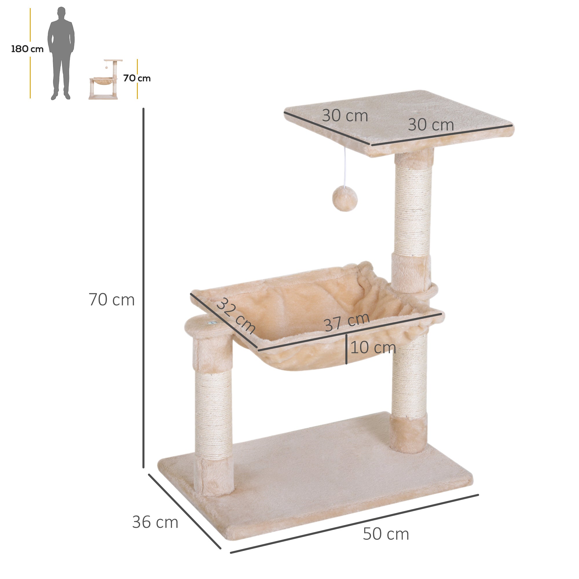 Cat Scratching Tree Activity Center Platform House Sisal Posts Hammock Ball 50x36x70 cm Beige