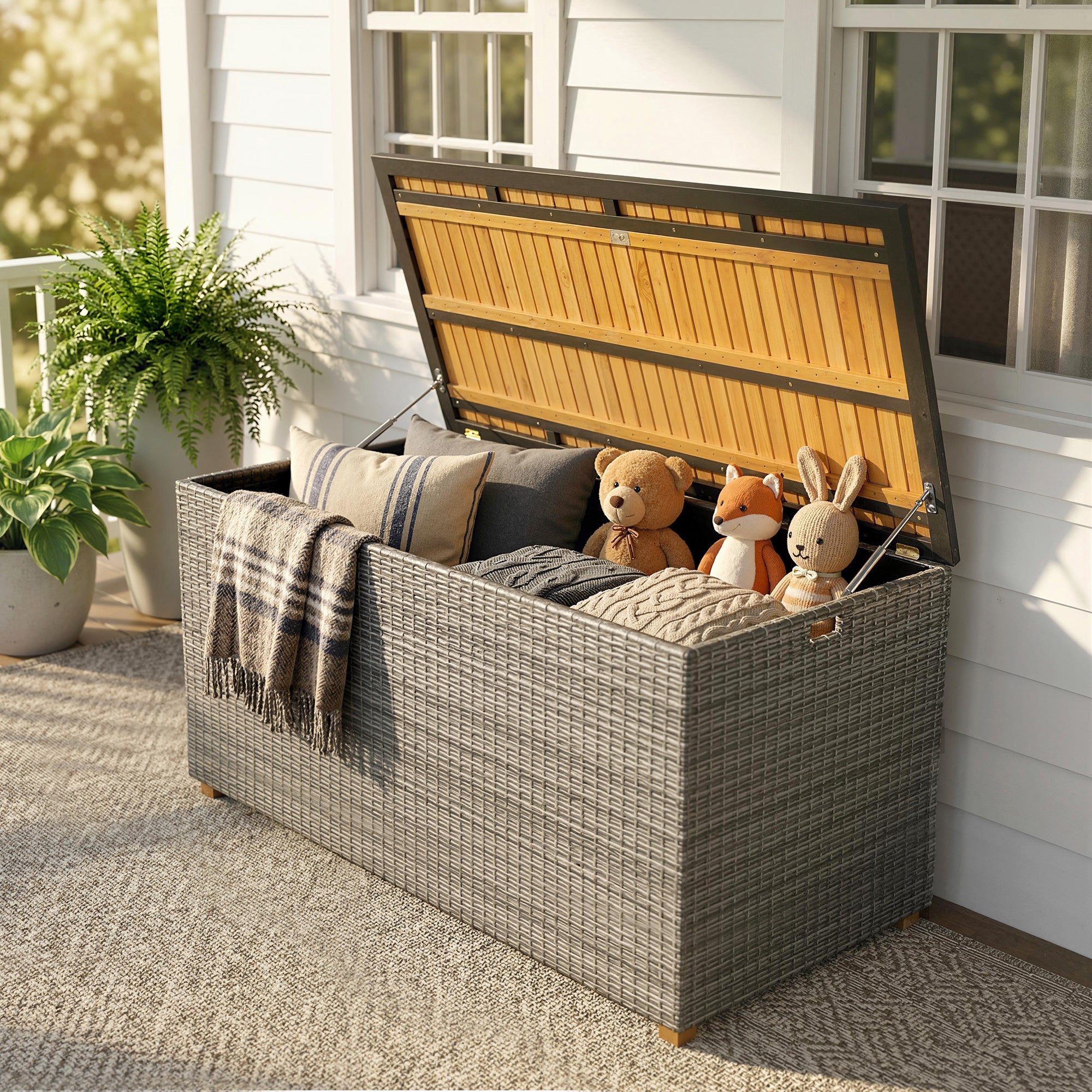 2-in-1 Outdoor Rattan Storage Box 450 L — Waterproof Cushion Box with FSC Acacia Wood Lid, Gas Strut, Lined Interior, UV & Weather Resistant, Dark Gray