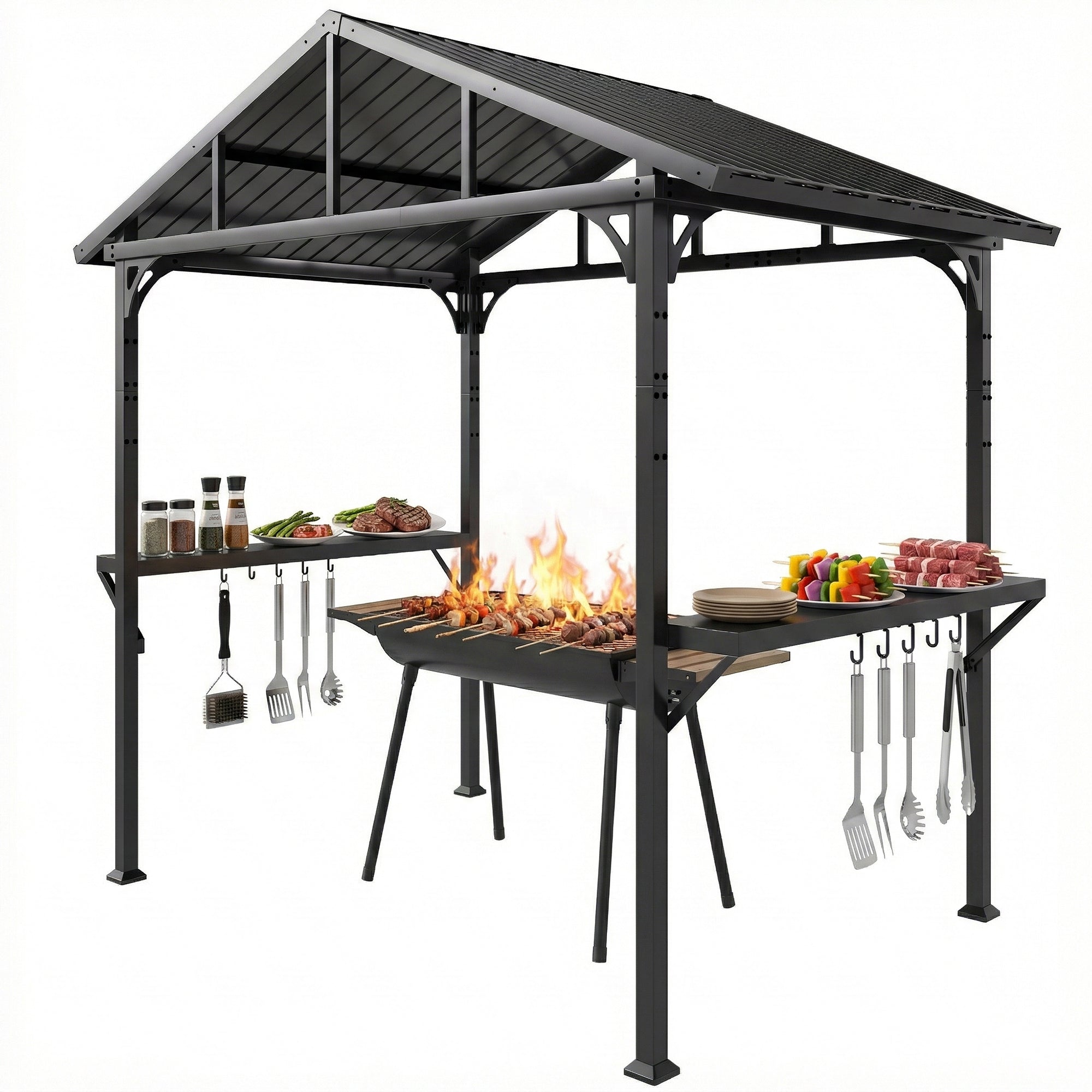 BBQ Shelter Gazebo 252 x 156 x 248 cm Steel Hard Top with 2 Side Shelves & Hooks — Outdoor Grill Canopy for Patio, Garden, Yard, Black