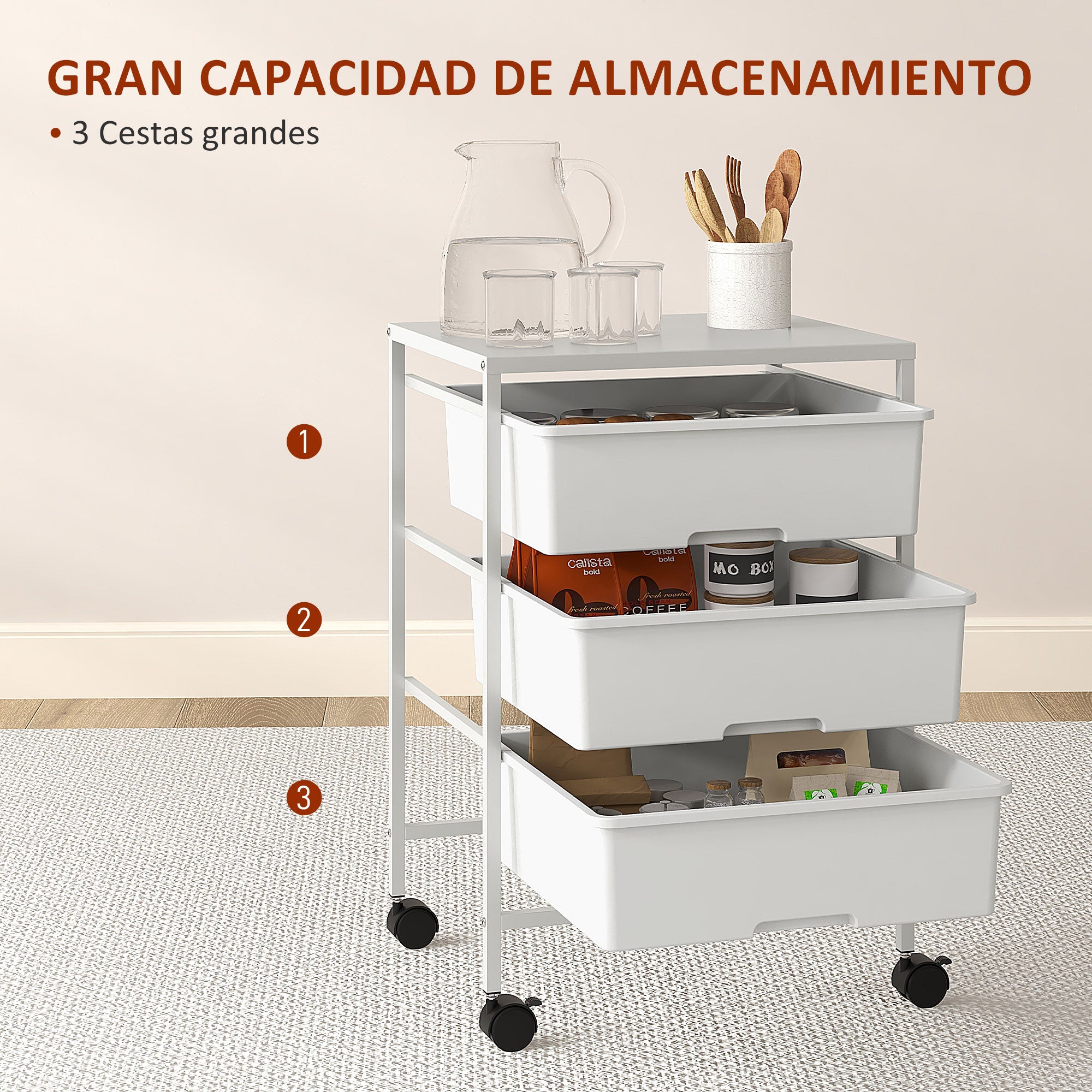 Wheeled Utility Cart 3-Tier Kitchen Cart with 3 Baskets for Storage and Steel Frame for Dining Room Bathroom 40.8x33.5x60.5 cm White