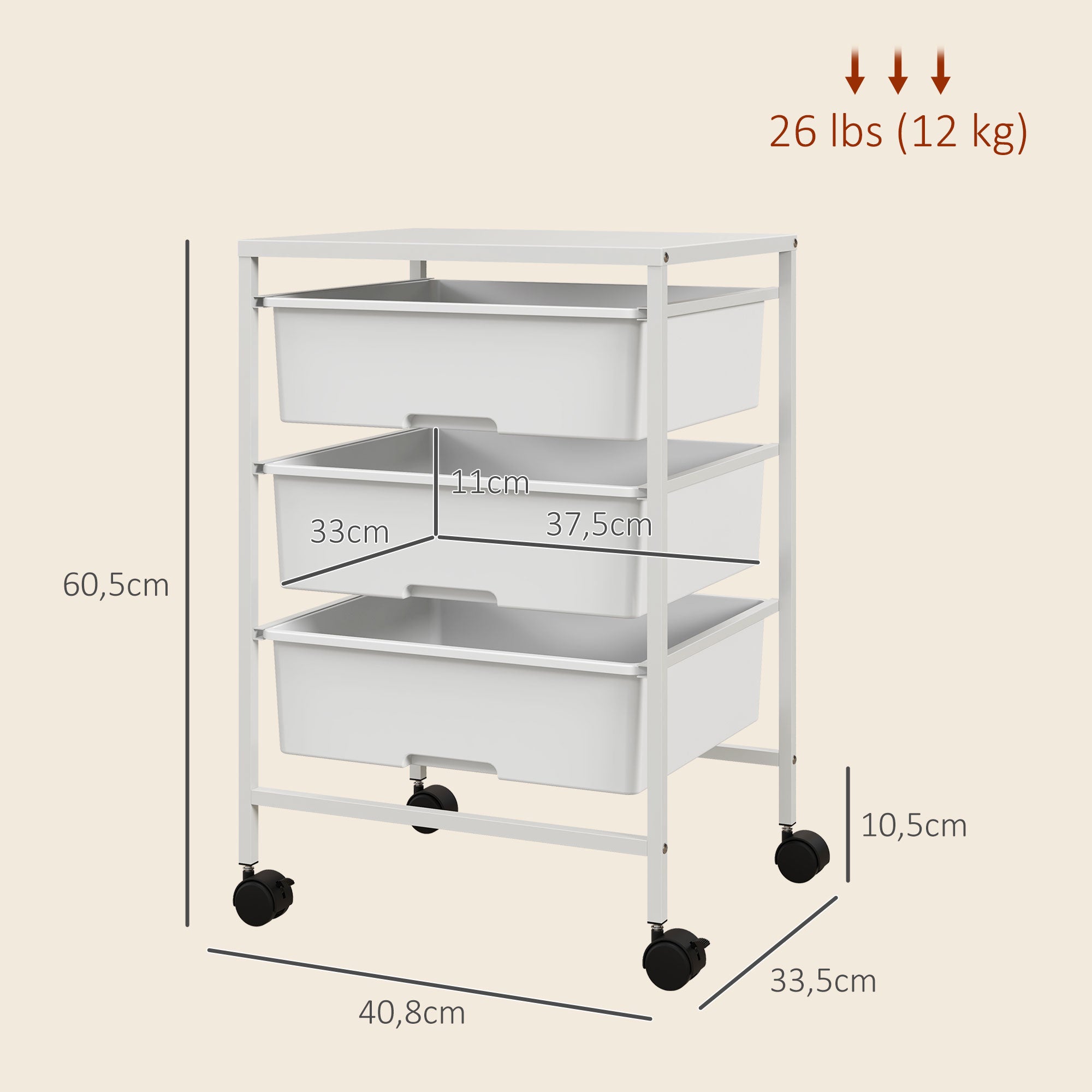 Wheeled Utility Cart 3-Tier Kitchen Cart with 3 Baskets for Storage and Steel Frame for Dining Room Bathroom 40.8x33.5x60.5 cm White