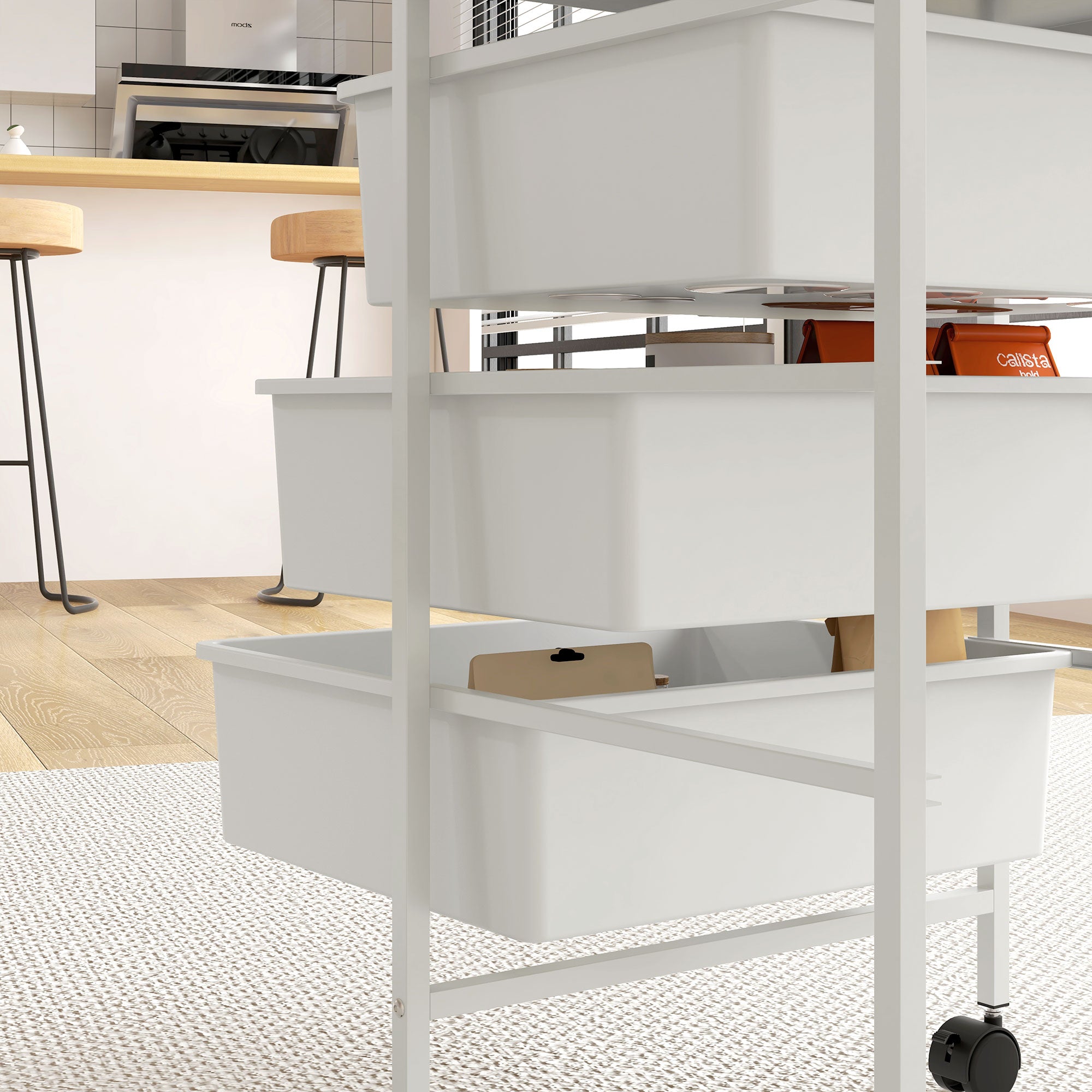 Wheeled Utility Cart 3-Tier Kitchen Cart with 3 Baskets for Storage and Steel Frame for Dining Room Bathroom 40.8x33.5x60.5 cm White