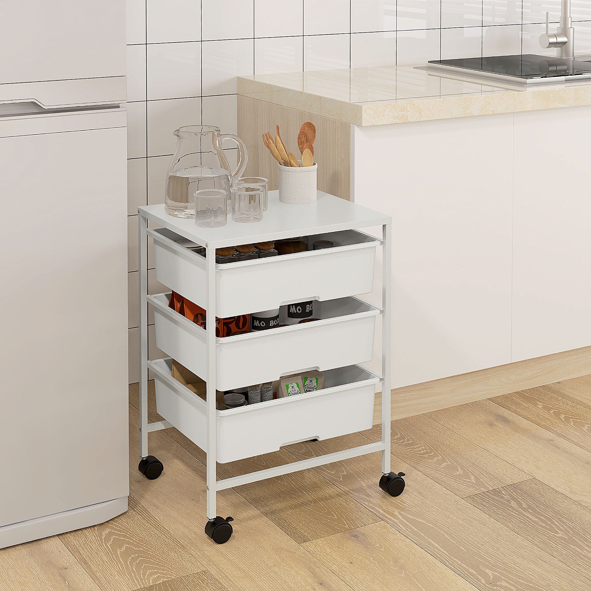Wheeled Utility Cart 3-Tier Kitchen Cart with 3 Baskets for Storage and Steel Frame for Dining Room Bathroom 40.8x33.5x60.5 cm White