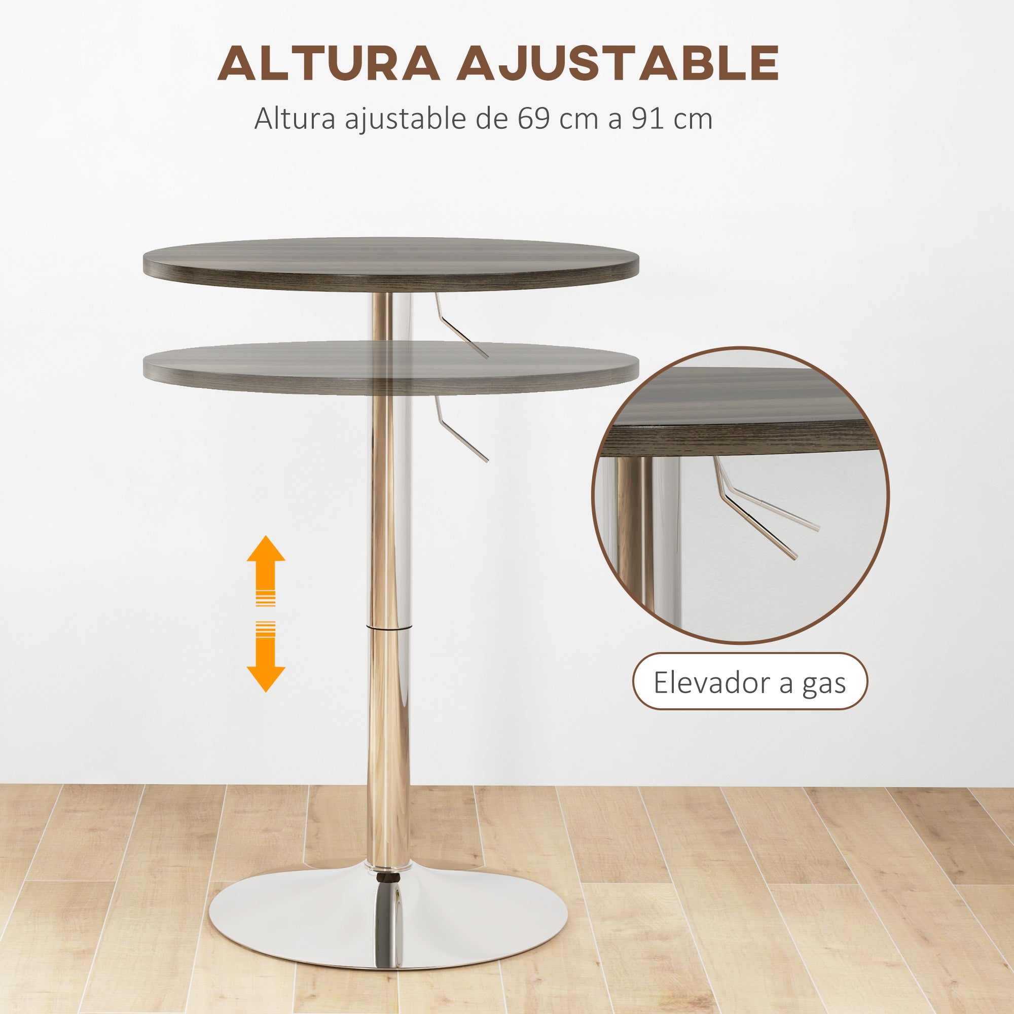 Round Adjustable Bar Table for 2, 27.2–35.8 in Height, 360° Swivel Top, Steel Base, Walnut