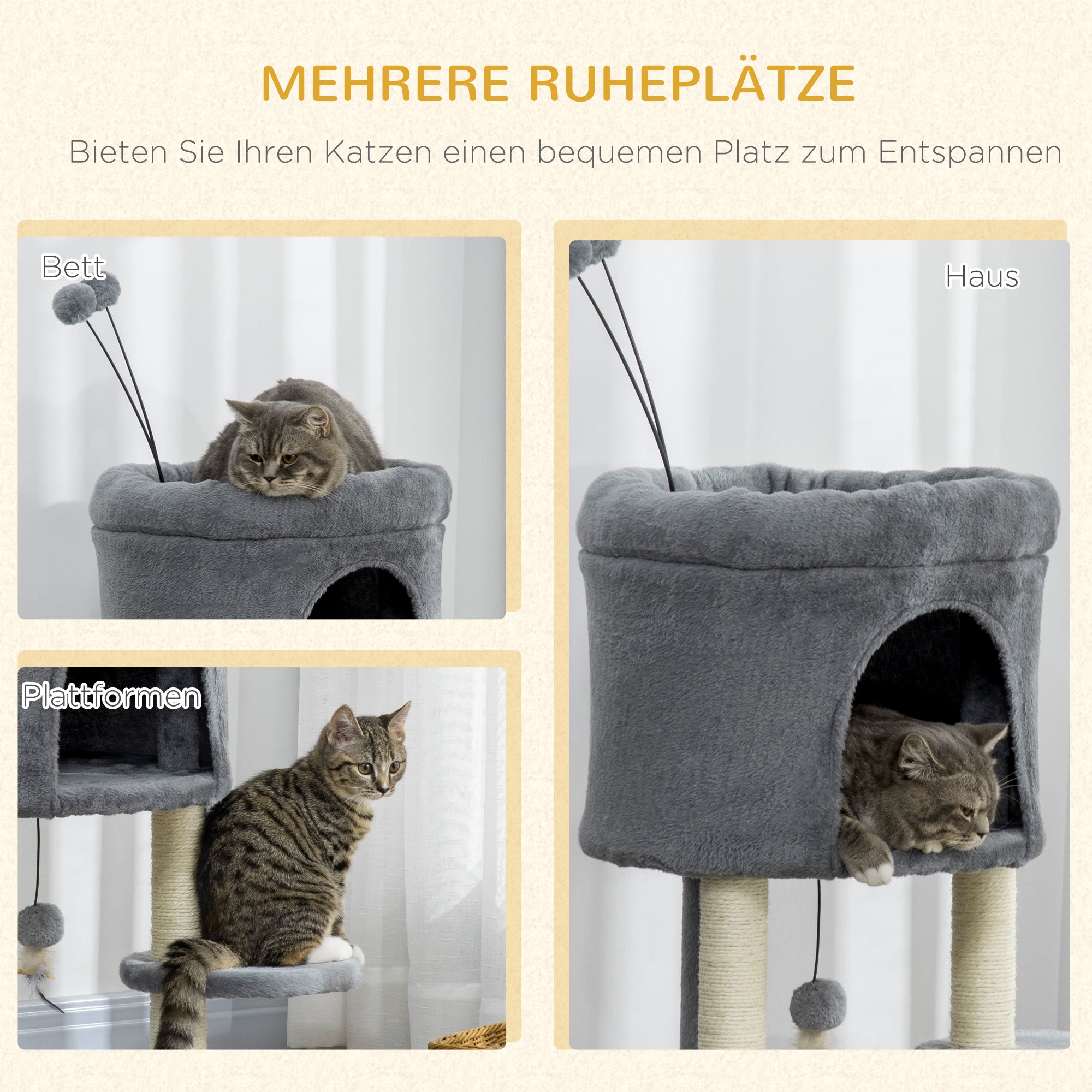 Cat Tree 73.5H cm Cat Scratching Post with Cat Cave and Play Ball Climbing Tree Sisal Pole Cat Toy Plush Gray + Cream White