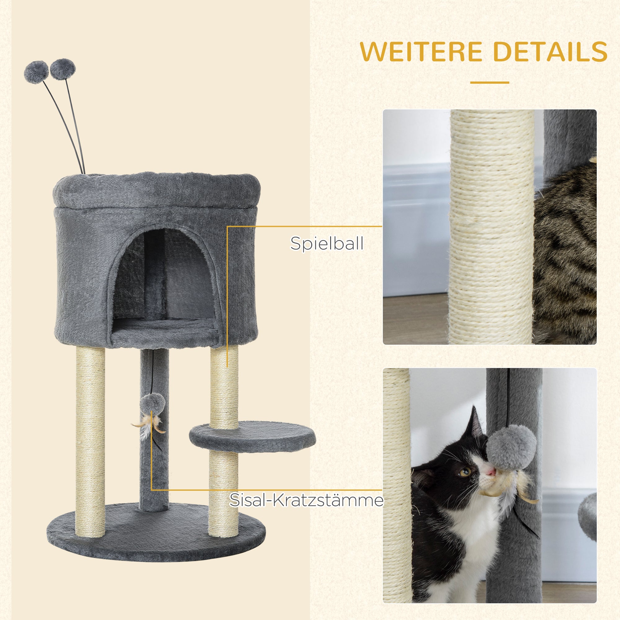 Cat Tree 73.5H cm Cat Scratching Post with Cat Cave and Play Ball Climbing Tree Sisal Pole Cat Toy Plush Gray + Cream White