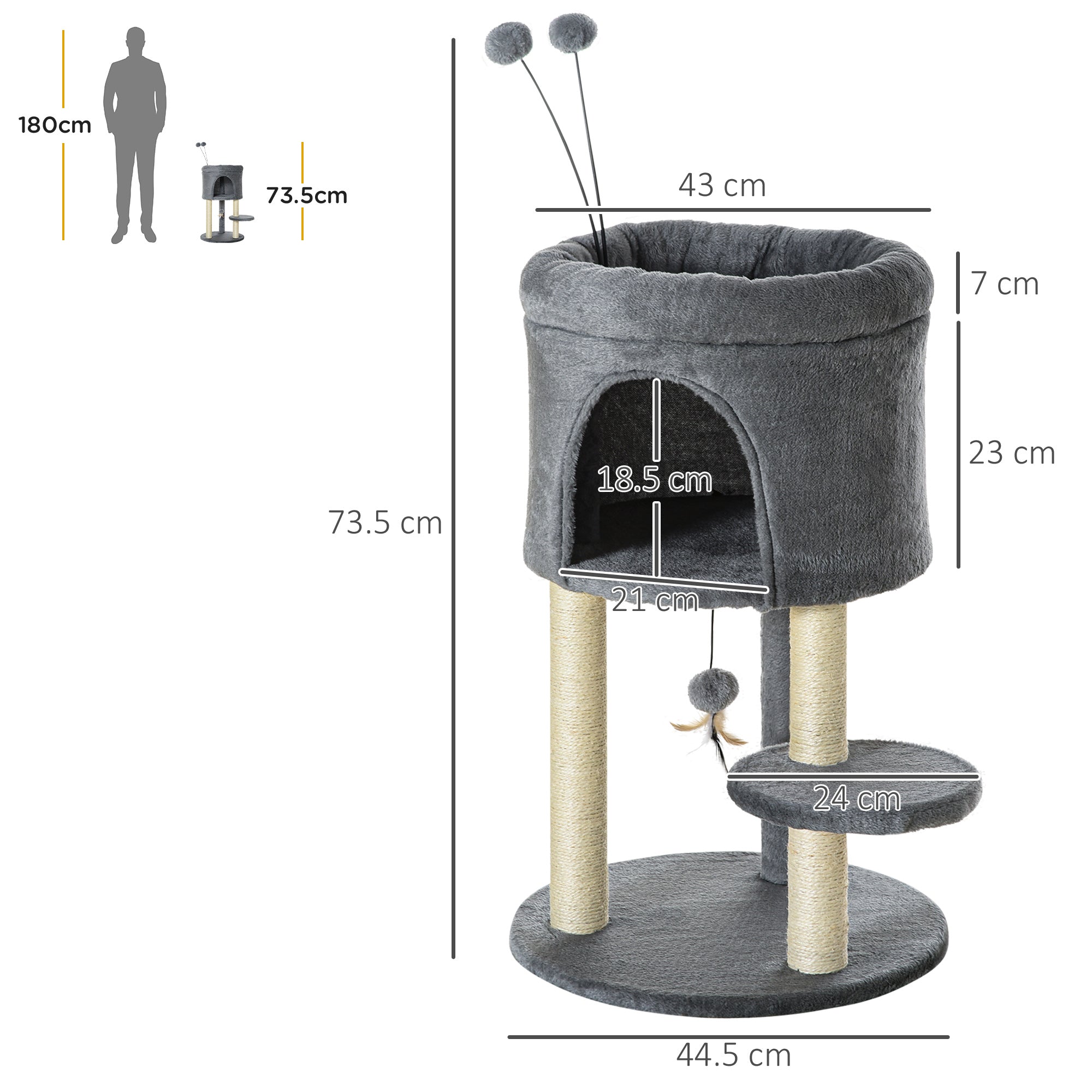 Cat Tree 73.5H cm Cat Scratching Post with Cat Cave and Play Ball Climbing Tree Sisal Pole Cat Toy Plush Gray + Cream White