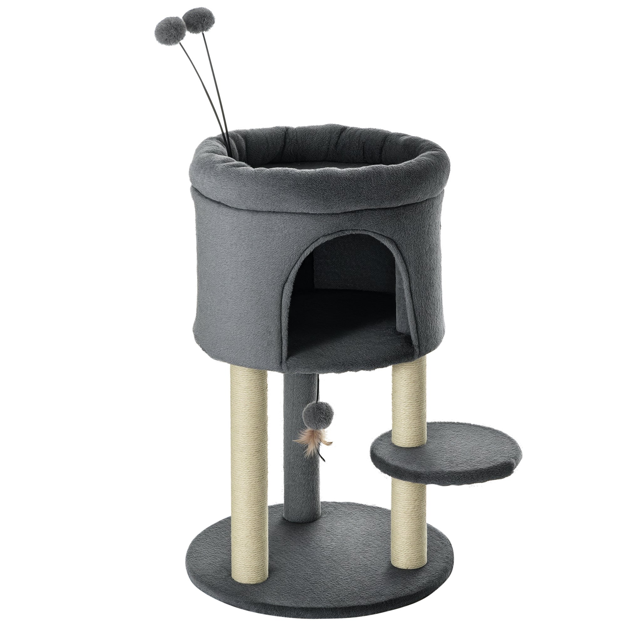 Cat Tree 73.5H cm Cat Scratching Post with Cat Cave and Play Ball Climbing Tree Sisal Pole Cat Toy Plush Gray + Cream White