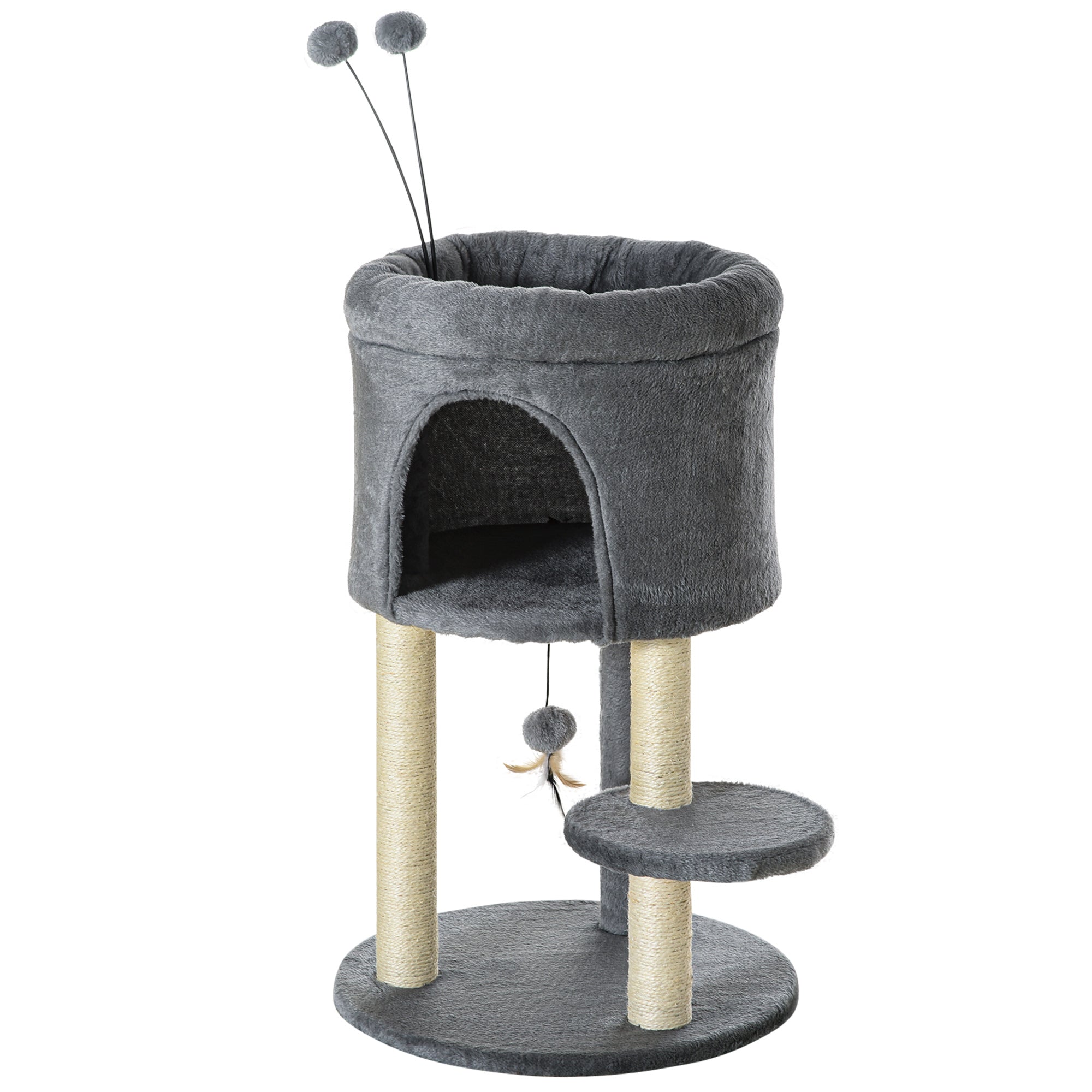 Cat Tree 73.5H cm Cat Scratching Post with Cat Cave and Play Ball Climbing Tree Sisal Pole Cat Toy Plush Gray + Cream White