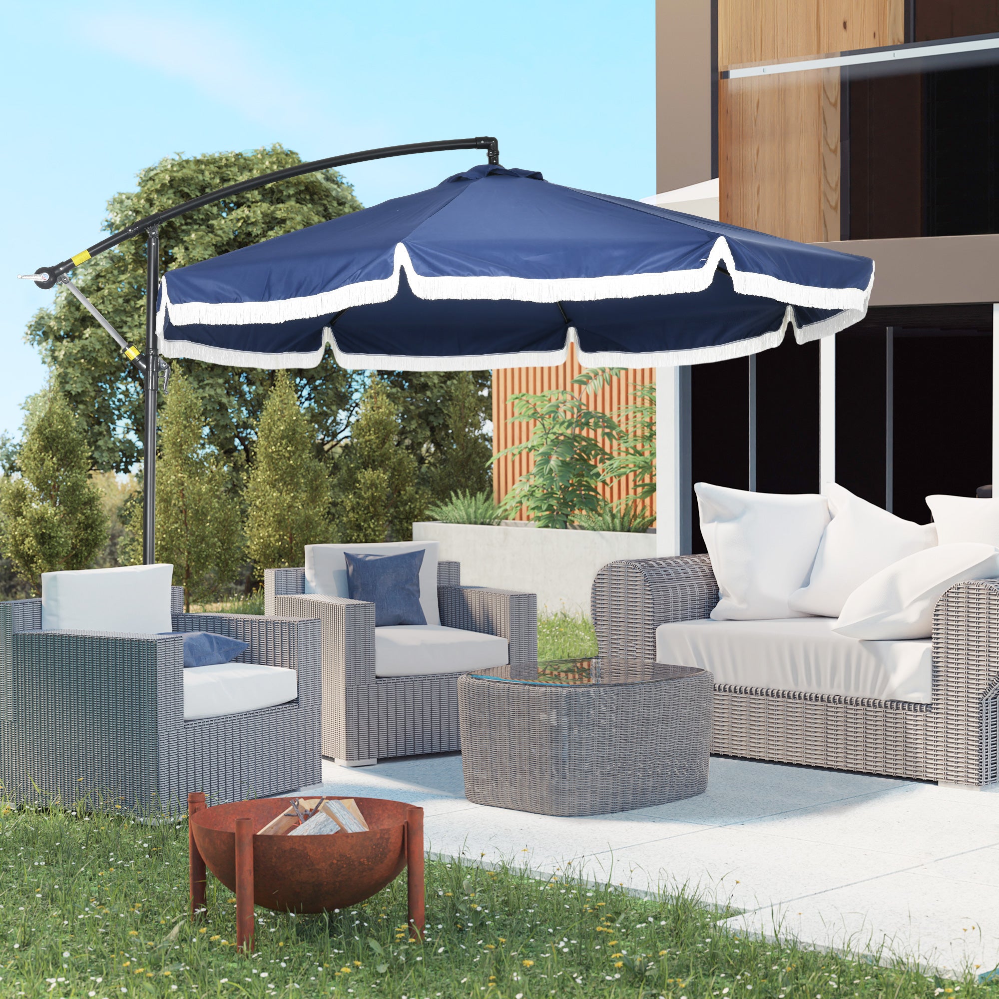 8-Rib Offset Umbrella with Side Crank and Cross Base, Steel and Polyester Garden Umbrella, Ø295x260 cm, Dark Blue
