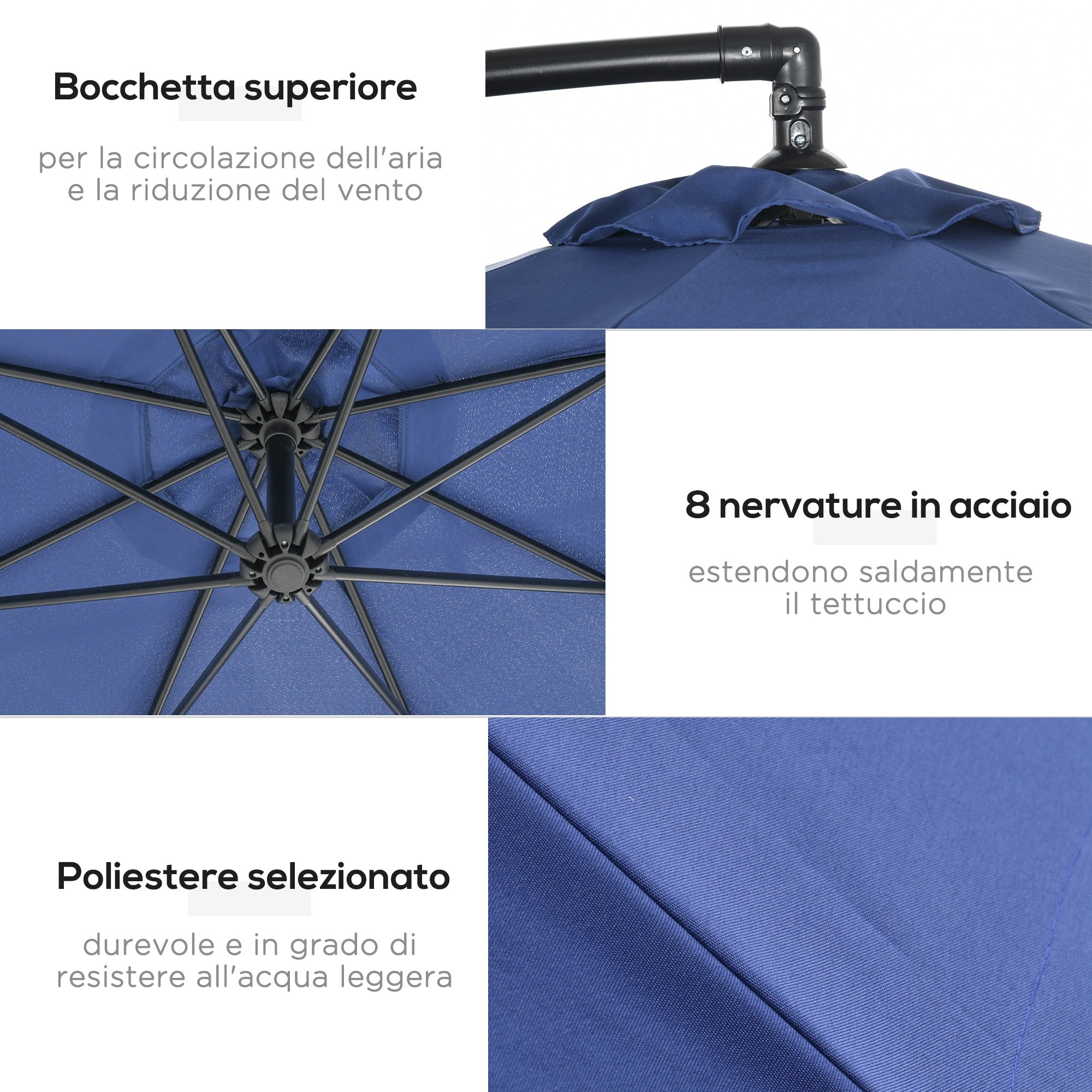 8-Rib Offset Umbrella with Side Crank and Cross Base, Steel and Polyester Garden Umbrella, Ø295x260 cm, Dark Blue