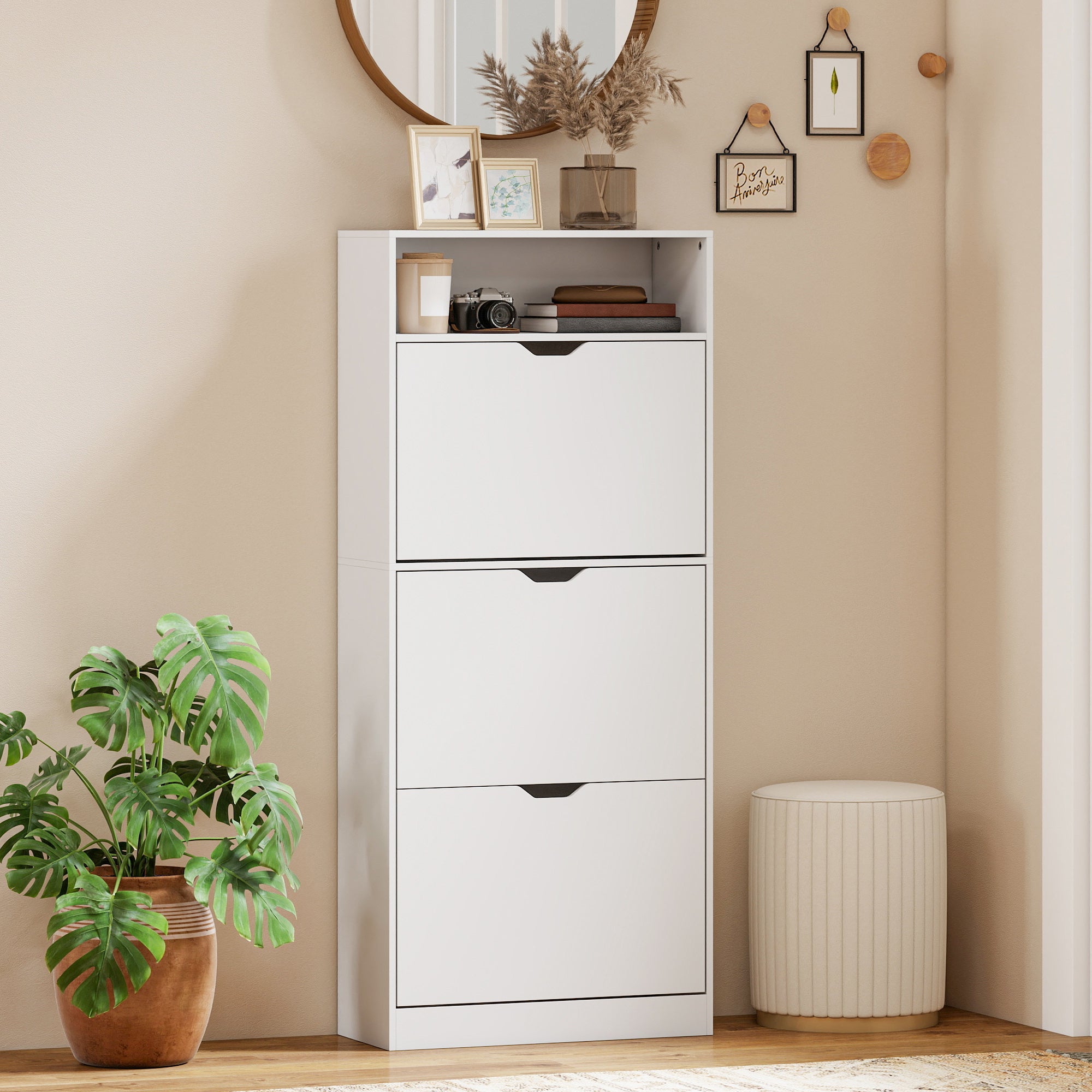 Shoe Cabinet for 12–18 Pairs, Slim Shoe Storage with 3 Tilt-Out Drawers, Open Compartment & Adjustable Shelves, for Hallway & Entry, 60 x 26 x 140 cm (23.6 x 10.2 x 55.1 in), White