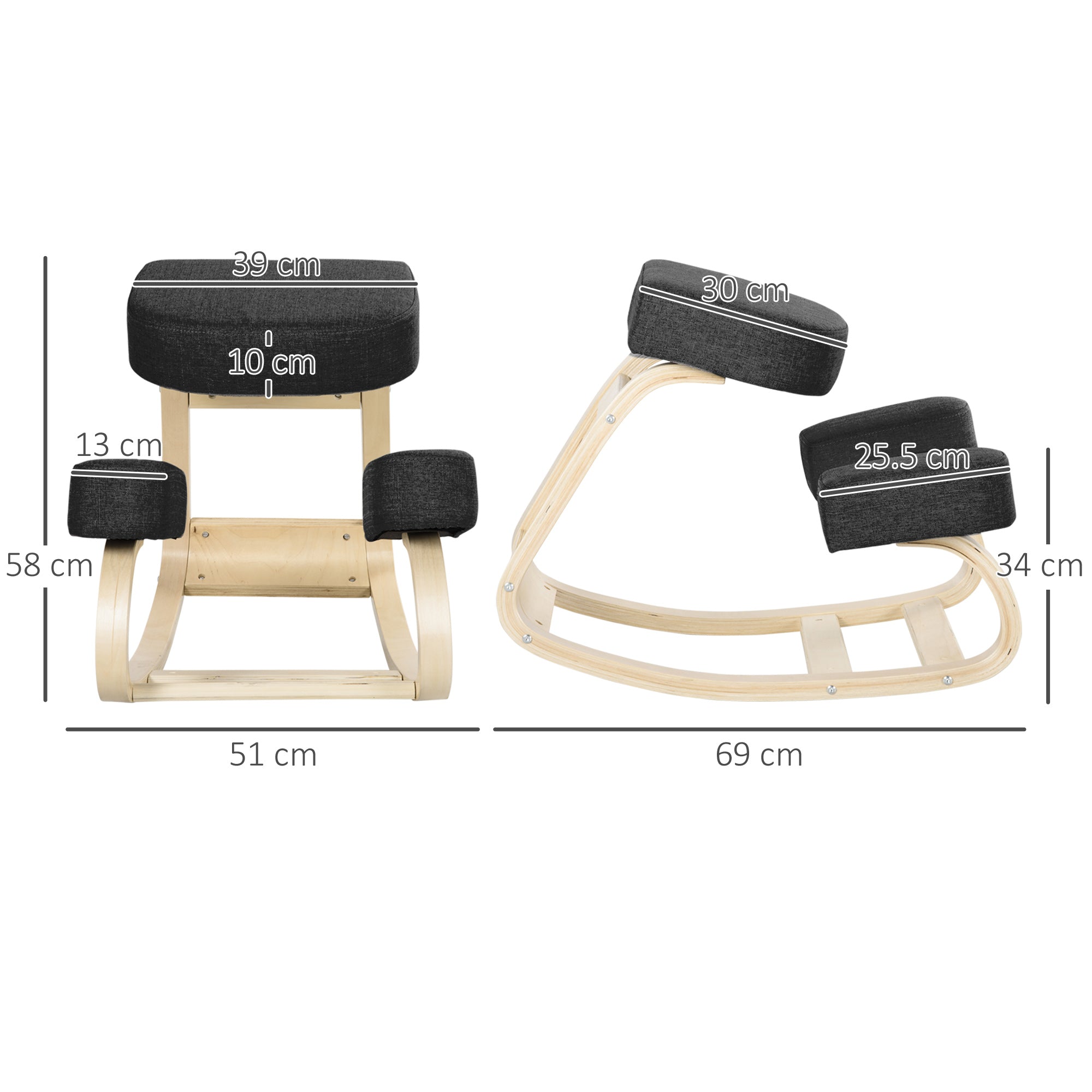 Ergonomic Kneeling Chair with Birch Wood Frame, Foam and Polyester Cushion for Home and Office, Black