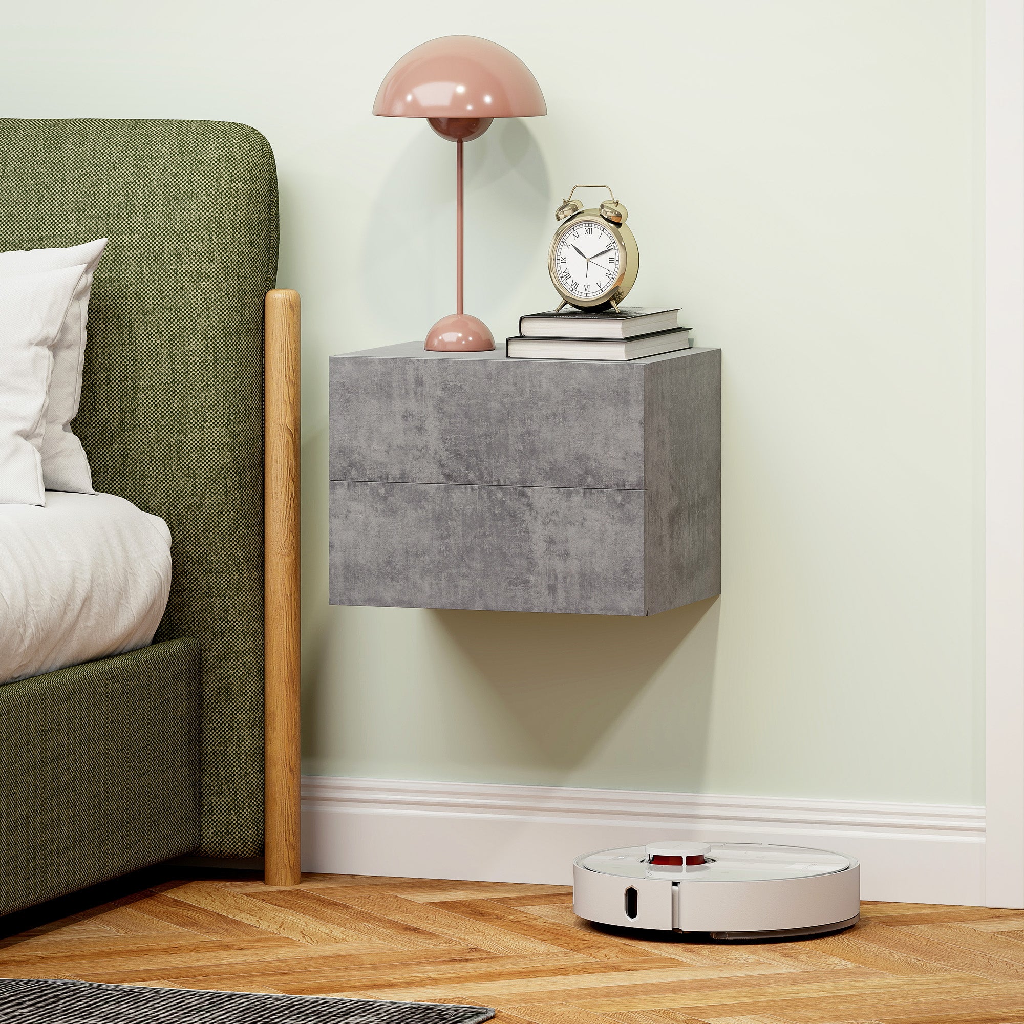 Set of 2 Wall-Mounted Nightstands with 2 Drawers, Bedroom Nightstands, Space-Saving Side Tables for Living Room, 40x29x30 cm, Gray Cement