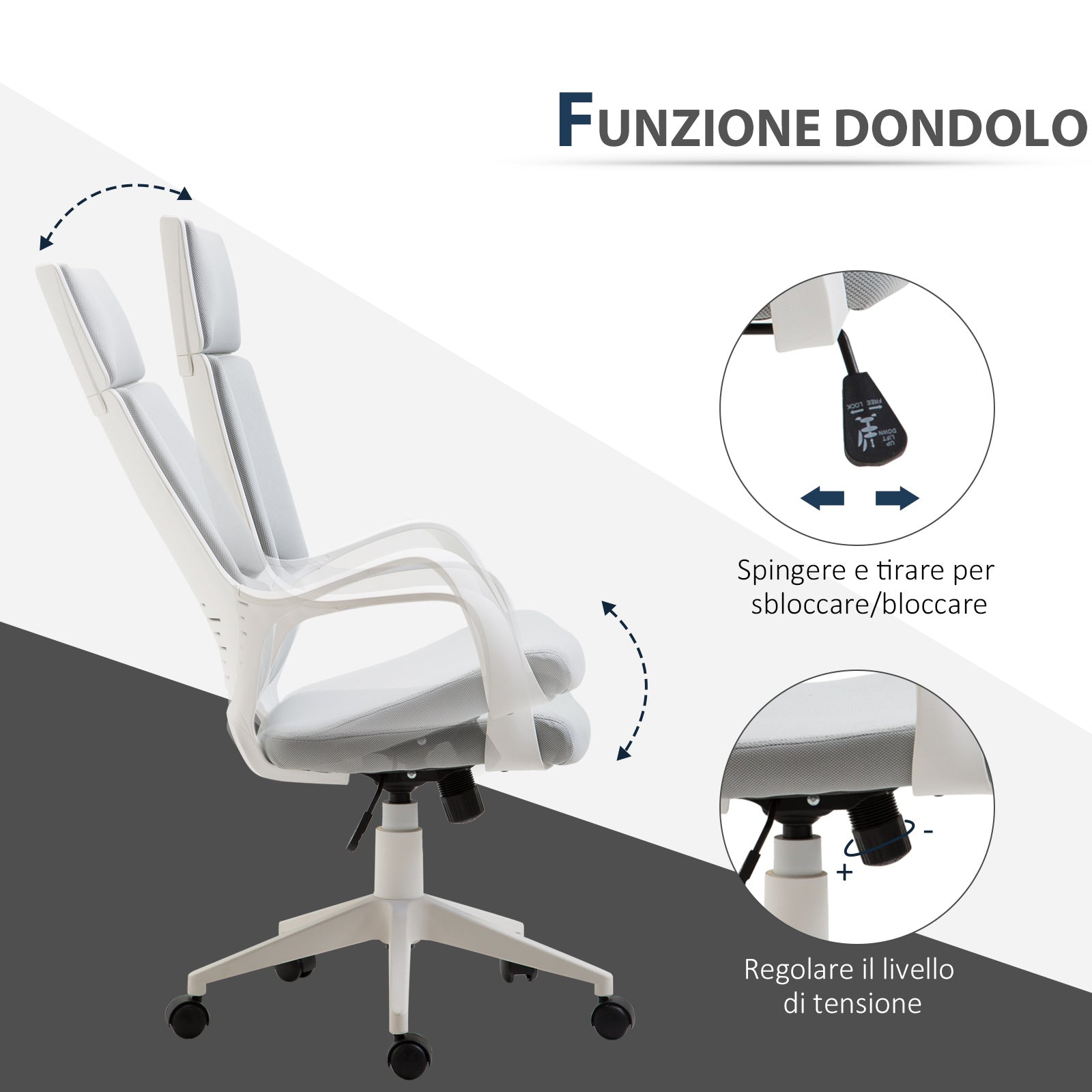 Office Chair with Rocking Function, Executive Swivel Fabric Armchair, 63x63x117-127 cm, Gray