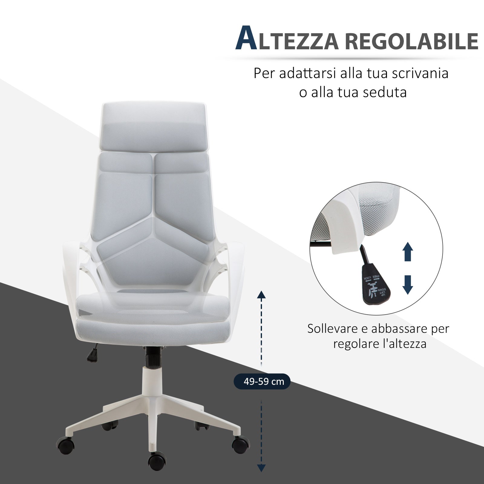 Office Chair with Rocking Function, Executive Swivel Fabric Armchair, 63x63x117-127 cm, Gray