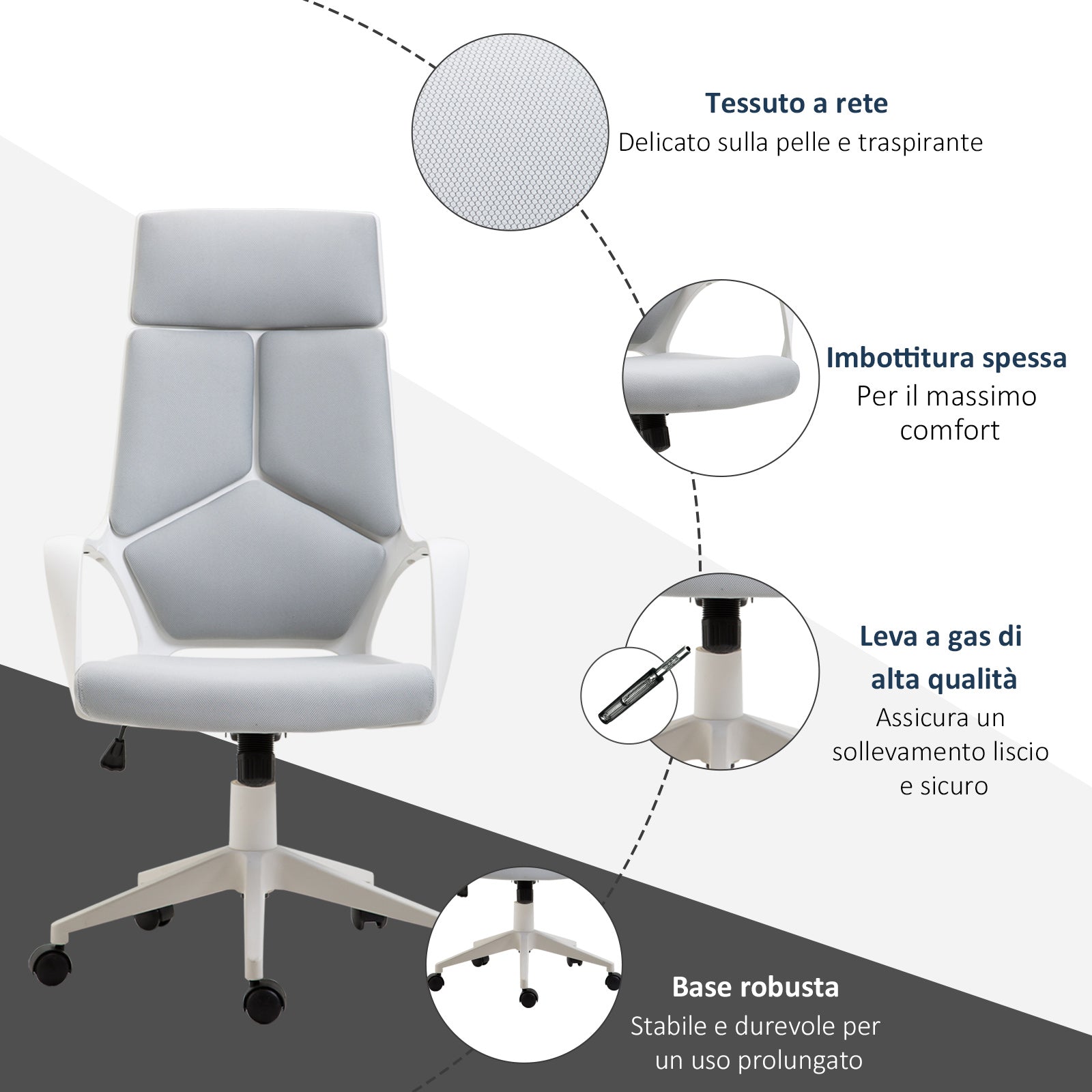 Office Chair with Rocking Function, Executive Swivel Fabric Armchair, 63x63x117-127 cm, Gray