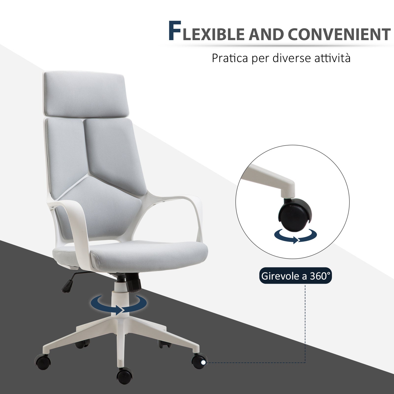 Office Chair with Rocking Function, Executive Swivel Fabric Armchair, 63x63x117-127 cm, Gray