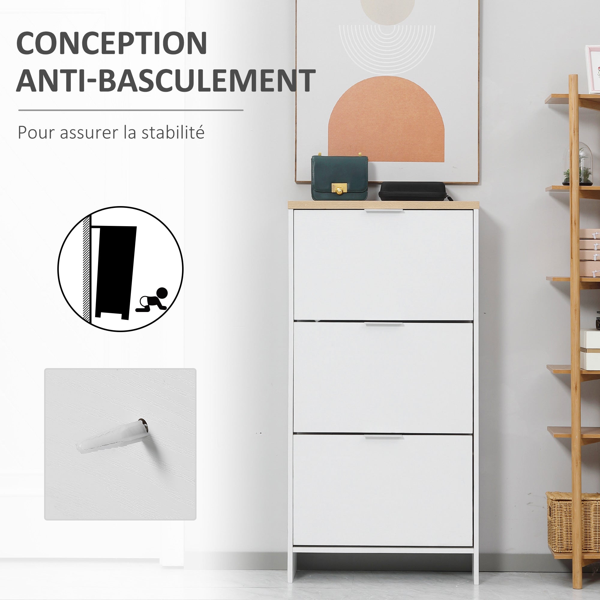 Shoe Cabinet, Shoe Rack, 3 Drop Leaf Doors, Adjustable Shelves, for Entryway, Hallway, 60 x 24 x 120 cm, White