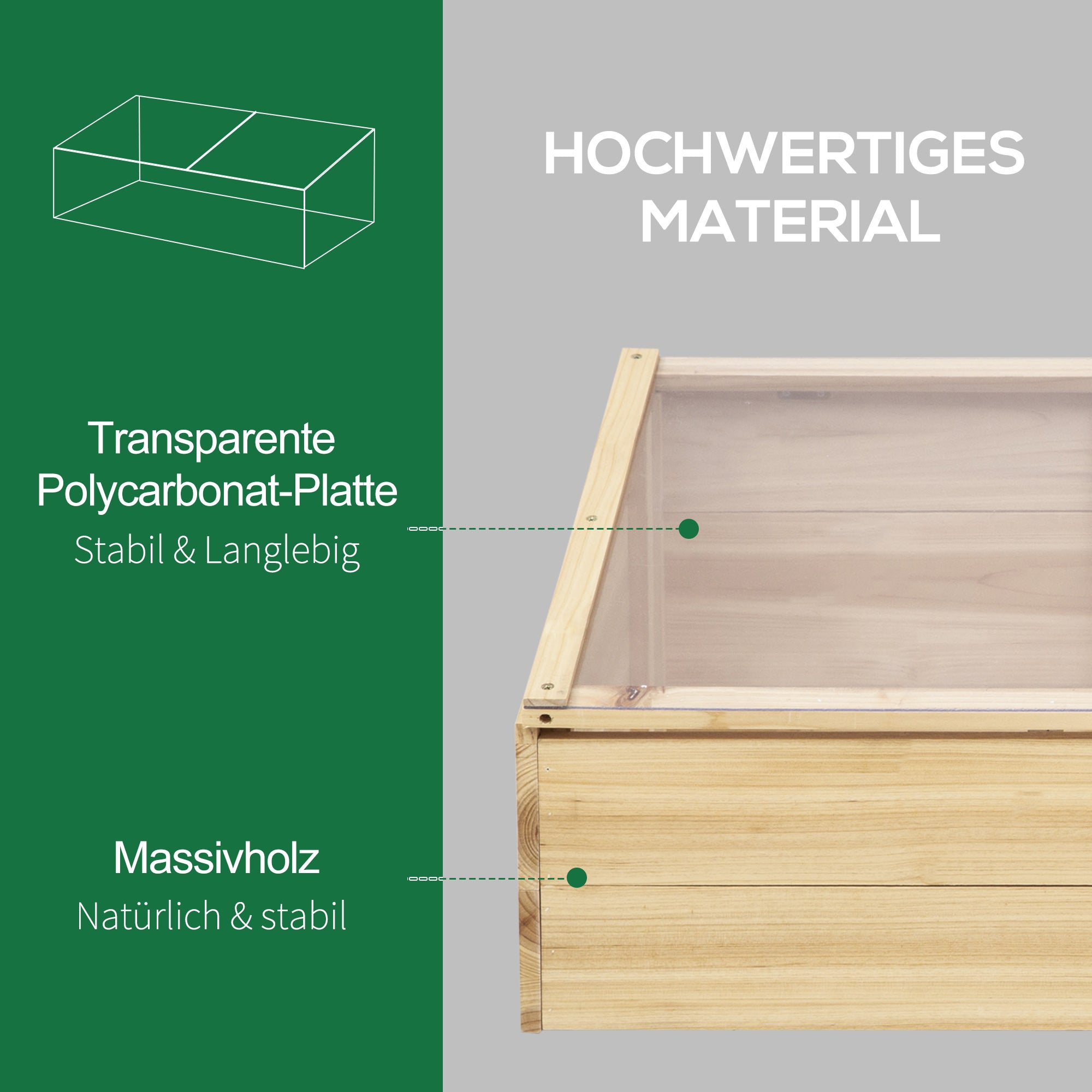 Wooden Greenhouse Cold Frame Planter Box Garden & Planting System for Garden Balcony, 100 x 50 x 35 cm, Natural, Fir Wood, PC Panel