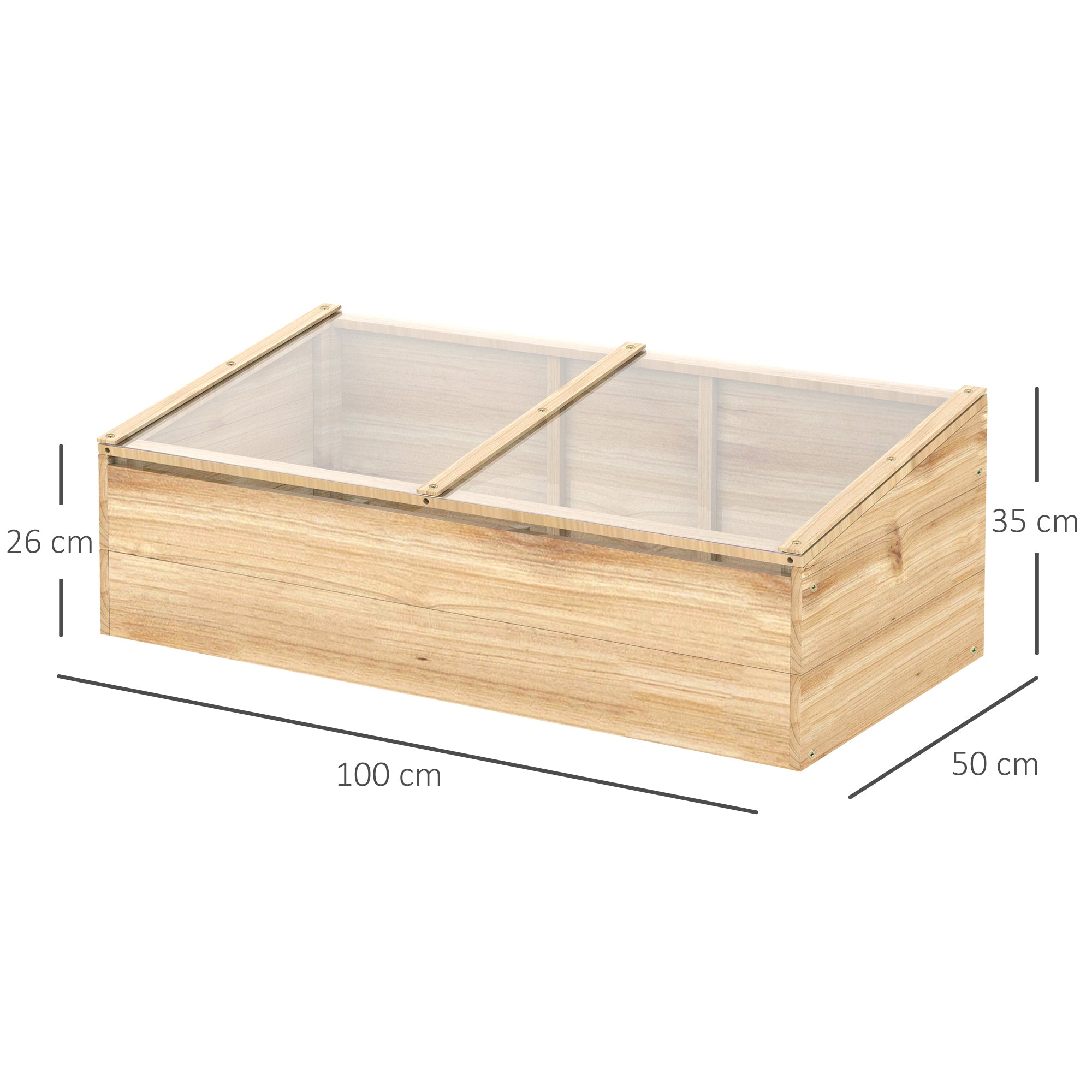 Wooden Greenhouse Cold Frame Planter Box Garden & Planting System for Garden Balcony, 100 x 50 x 35 cm, Natural, Fir Wood, PC Panel