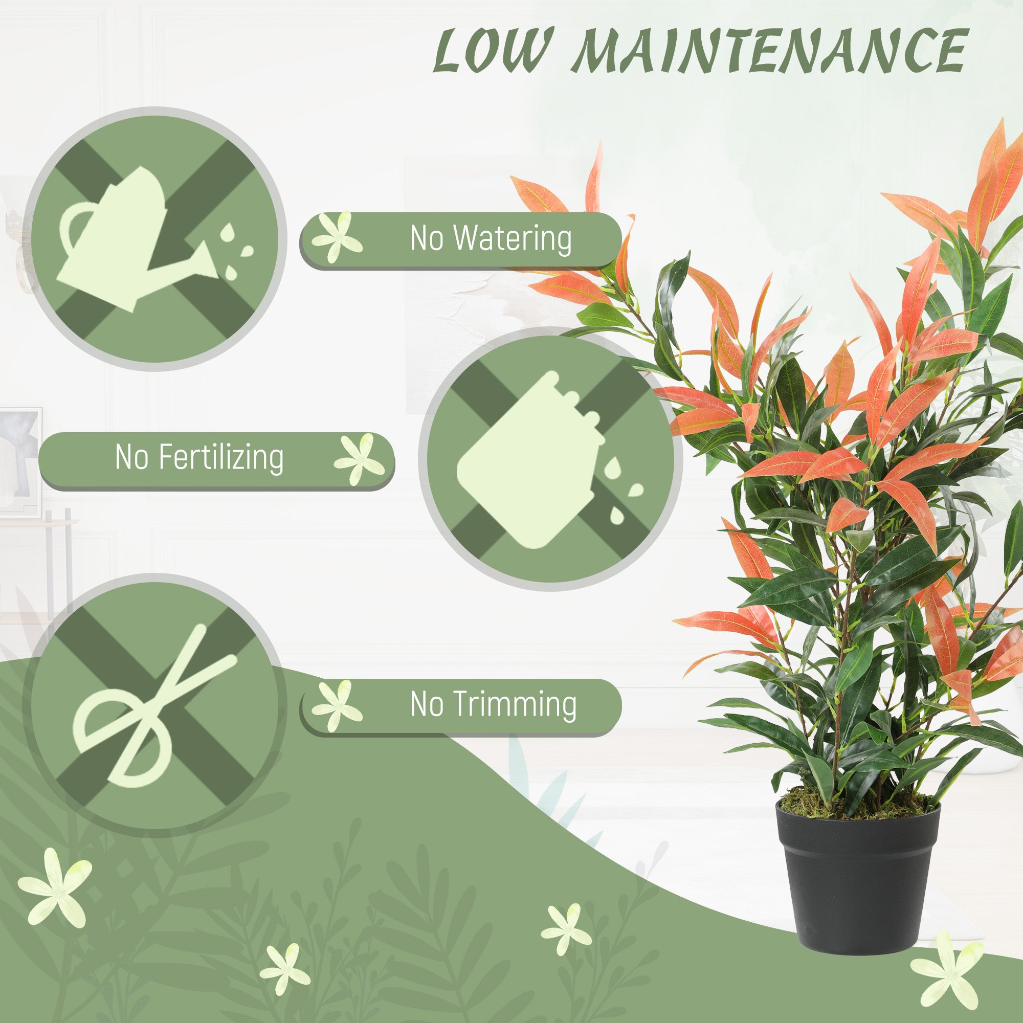 Artificial Photinia 35.4 in (90 cm), 300 Leaves, Realistic-Looking Plastic Plant with Adjustable Branches — Living Room, Bedroom, Office, Garden Décor