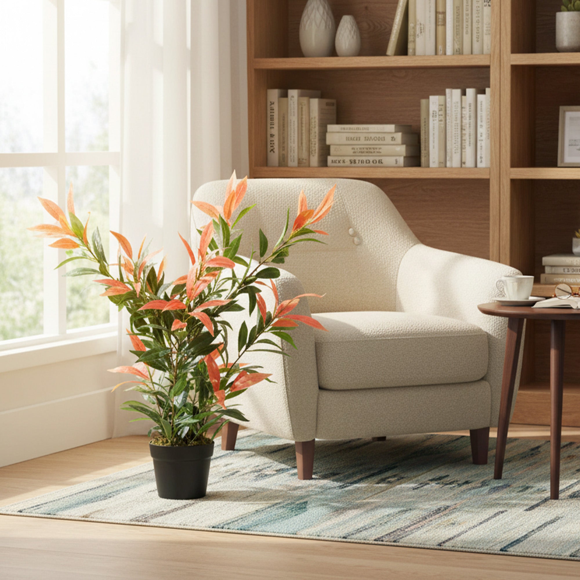 Artificial Photinia 35.4 in (90 cm), 300 Leaves, Realistic-Looking Plastic Plant with Adjustable Branches — Living Room, Bedroom, Office, Garden Décor