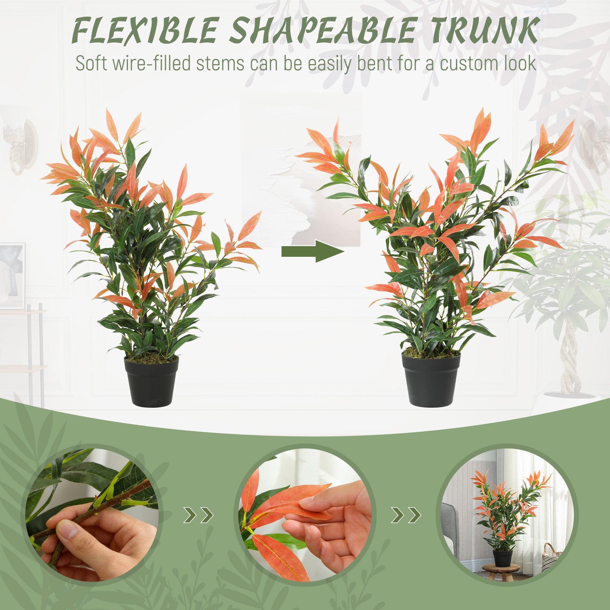 Artificial Photinia 35.4 in (90 cm), 300 Leaves, Realistic-Looking Plastic Plant with Adjustable Branches — Living Room, Bedroom, Office, Garden Décor