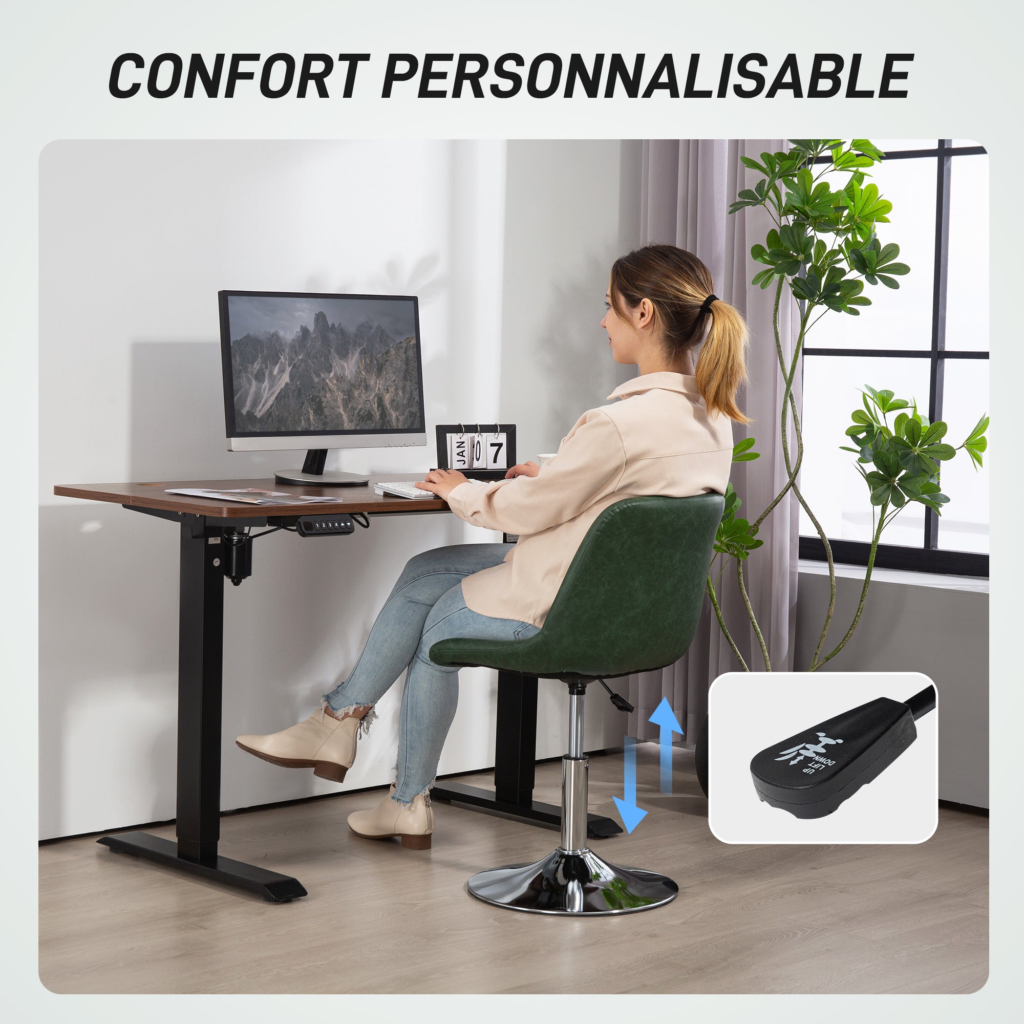 Armless Office Chair without Wheels, Swivel Desk Chair with Steel Base, Adjustable Height, Ergonomic Faux Leather Chair, Green