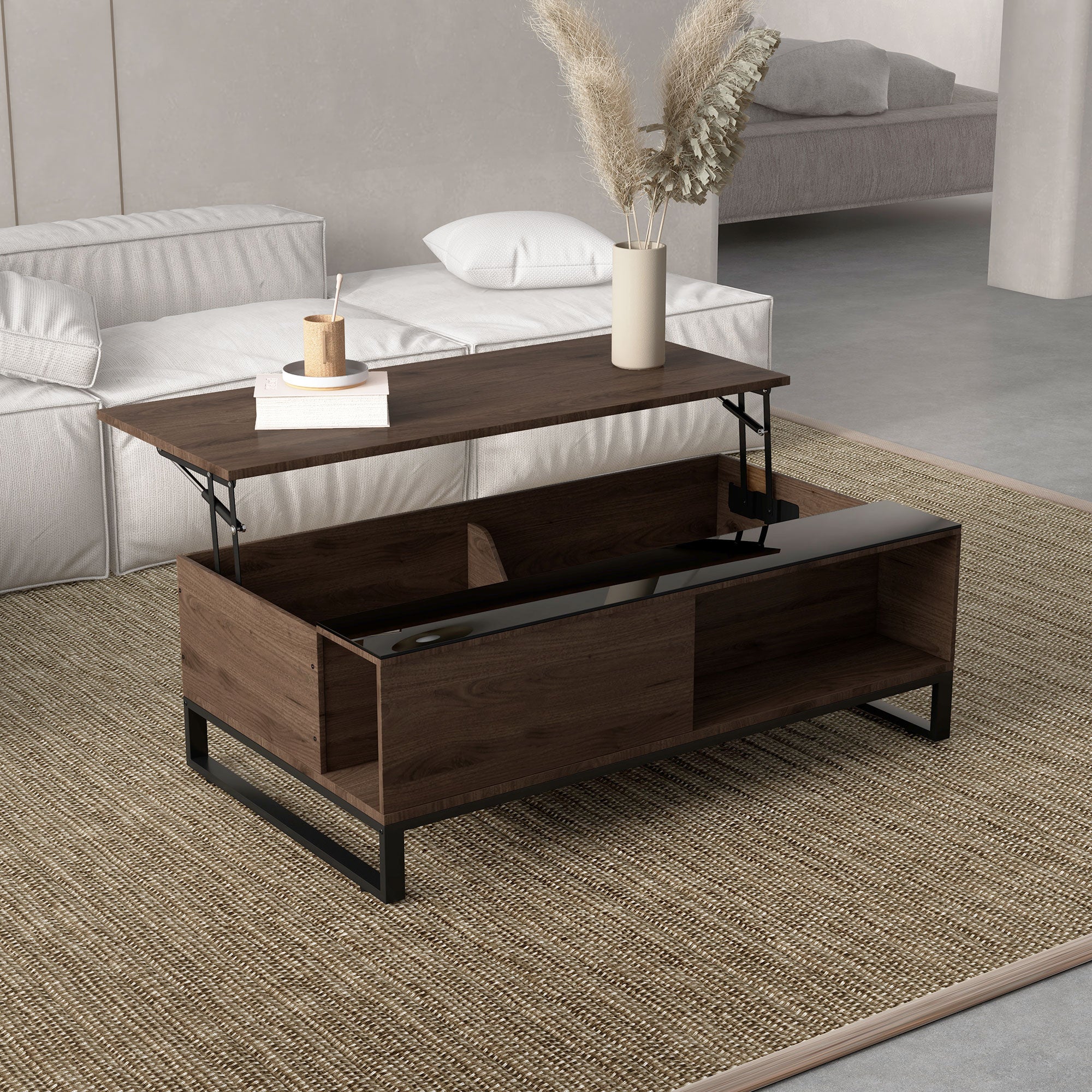 Coffee Table, Side Table with Adjustable Plate, Sofa Table with Storage, Coffee Table in Modern Design, for Living Room, Office, Steel, Walnut, Black, 102 x 58 x 35.5 cm