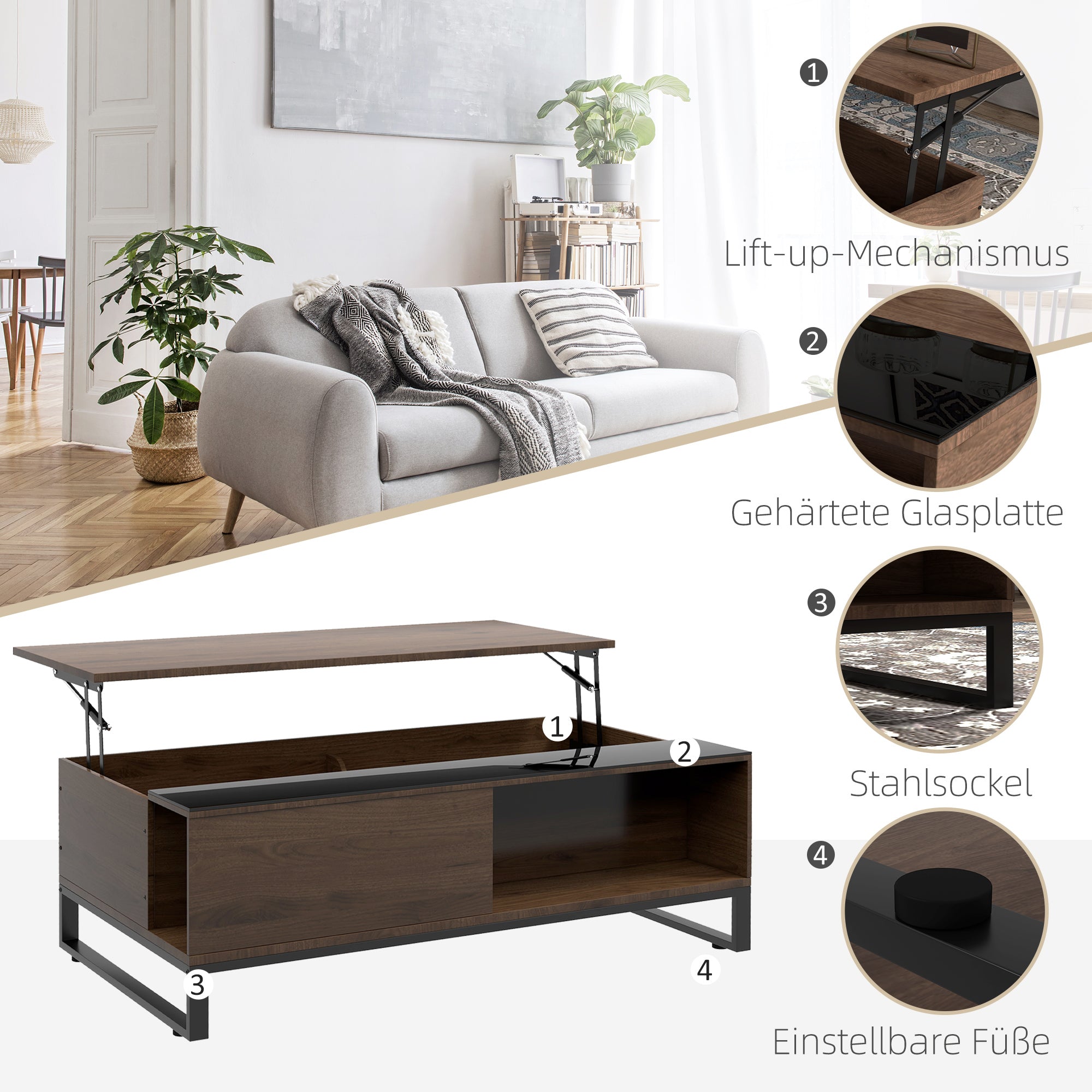 Coffee Table, Side Table with Adjustable Plate, Sofa Table with Storage, Coffee Table in Modern Design, for Living Room, Office, Steel, Walnut, Black, 102 x 58 x 35.5 cm