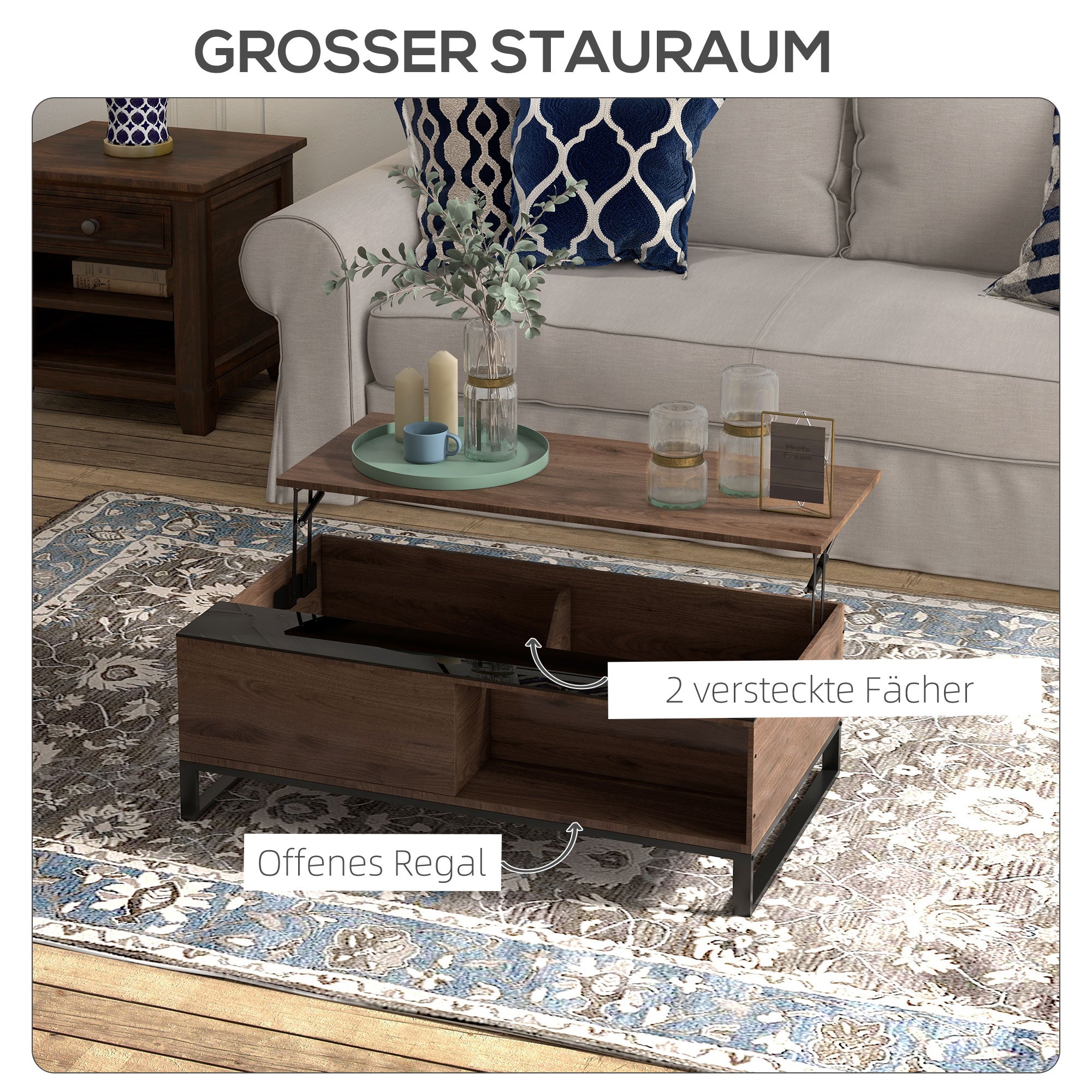 Coffee Table, Side Table with Adjustable Plate, Sofa Table with Storage, Coffee Table in Modern Design, for Living Room, Office, Steel, Walnut, Black, 102 x 58 x 35.5 cm