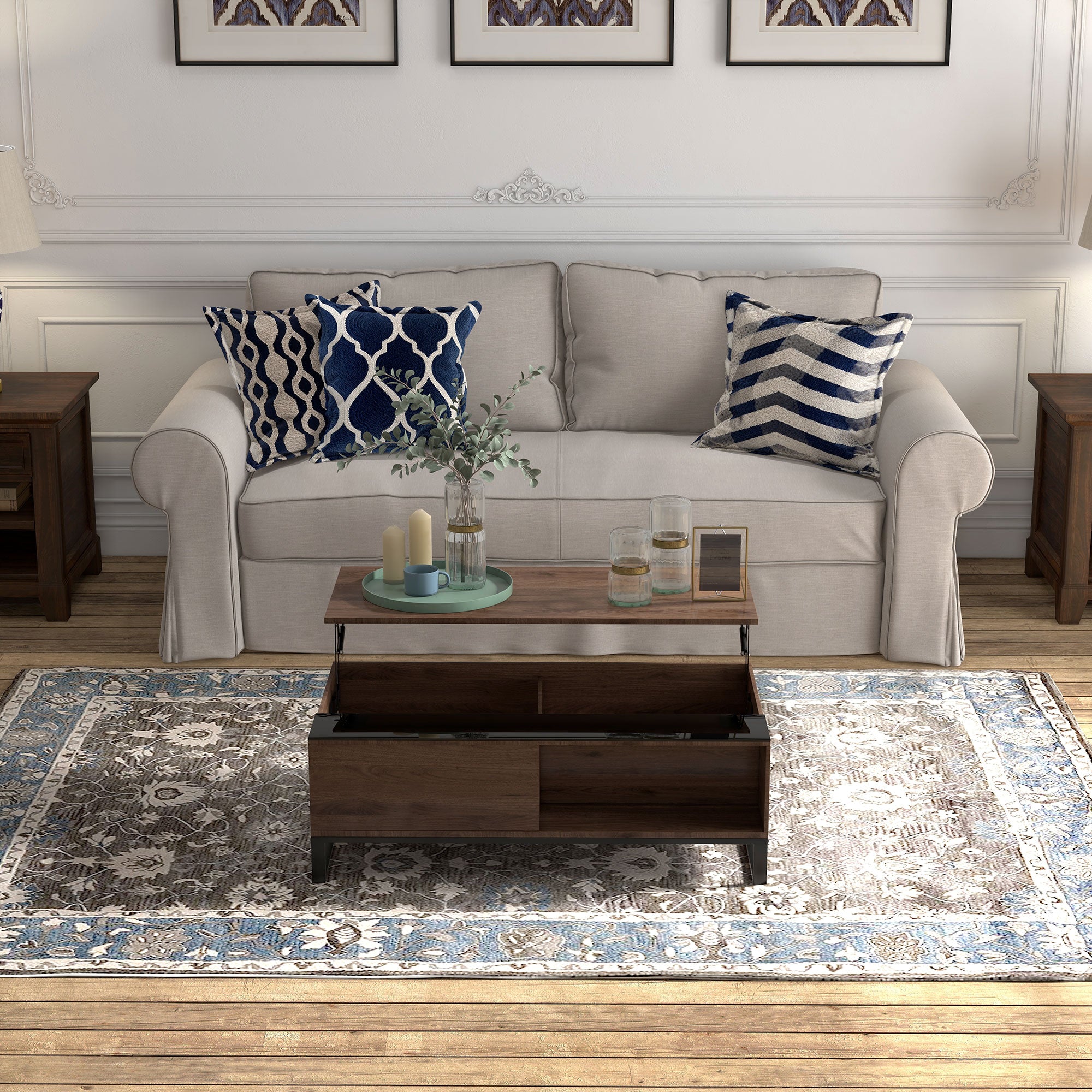 Coffee Table, Side Table with Adjustable Plate, Sofa Table with Storage, Coffee Table in Modern Design, for Living Room, Office, Steel, Walnut, Black, 102 x 58 x 35.5 cm