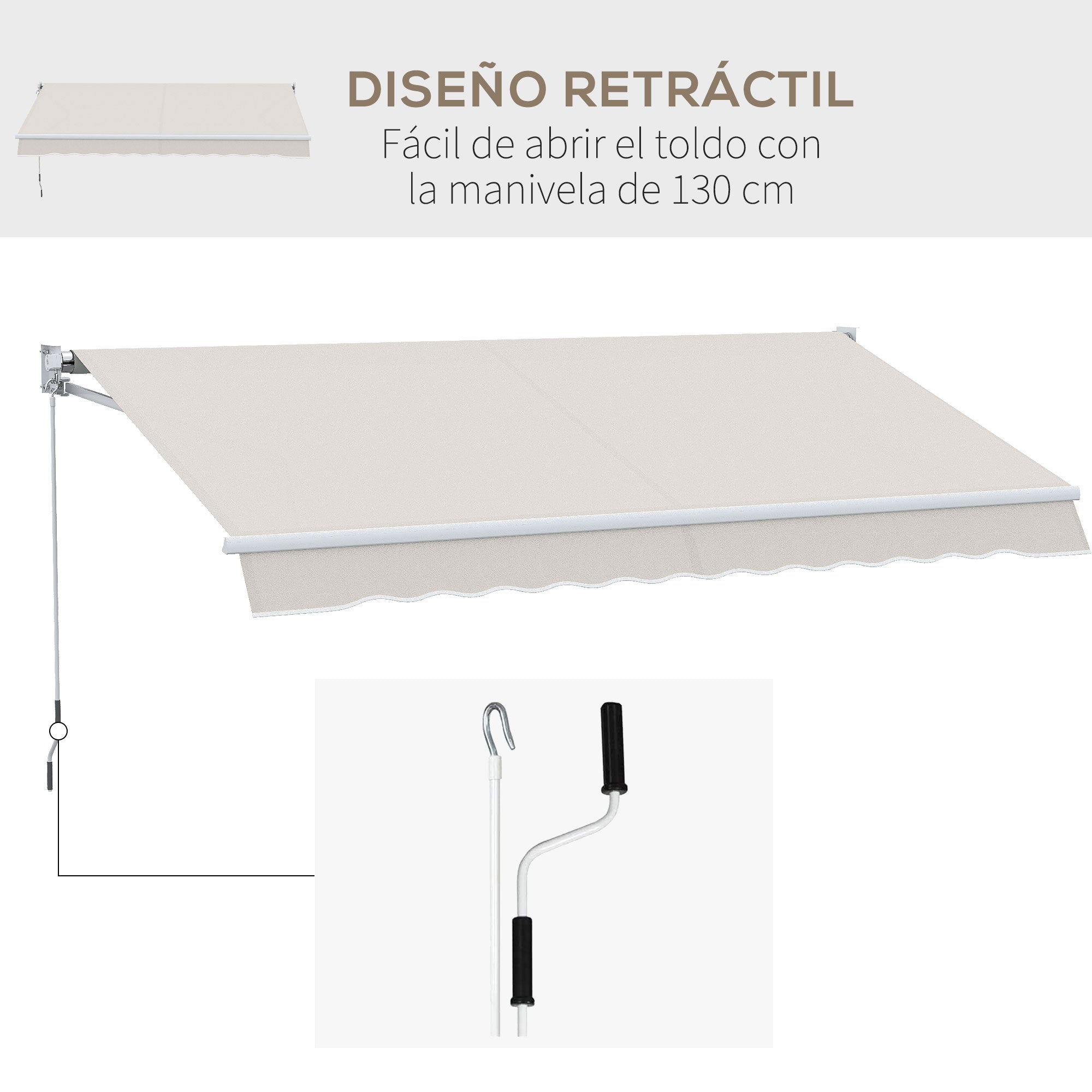 Manual Retractable Awning 200x250 cm Balcony Awning with Metal Crank Waterproof and Anti-UV Exterior Roller Awning for Garden Terrace Windows Cream