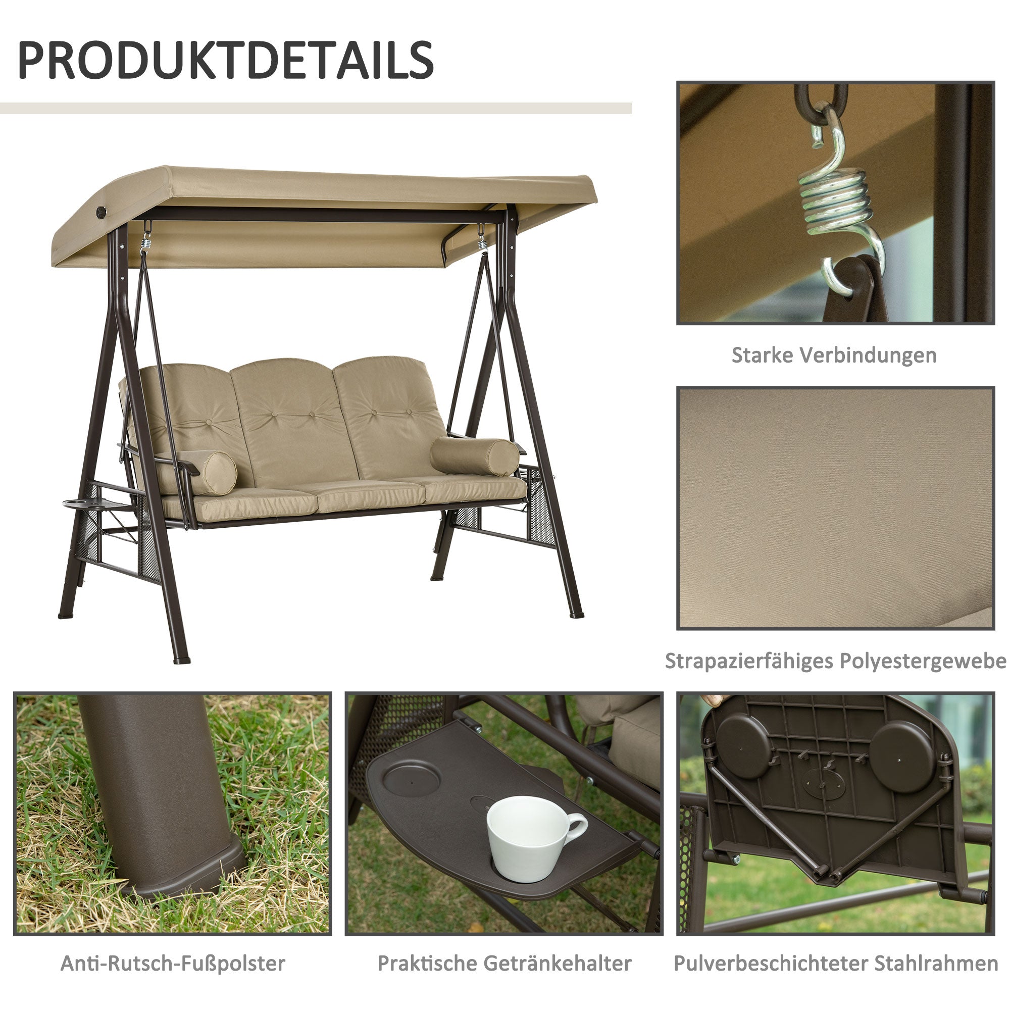 3-Seater Hollywood Swing Garden Swing with Sun Canopy Cushion Metal Polyester Khaki 116 x 206 x 183 cm