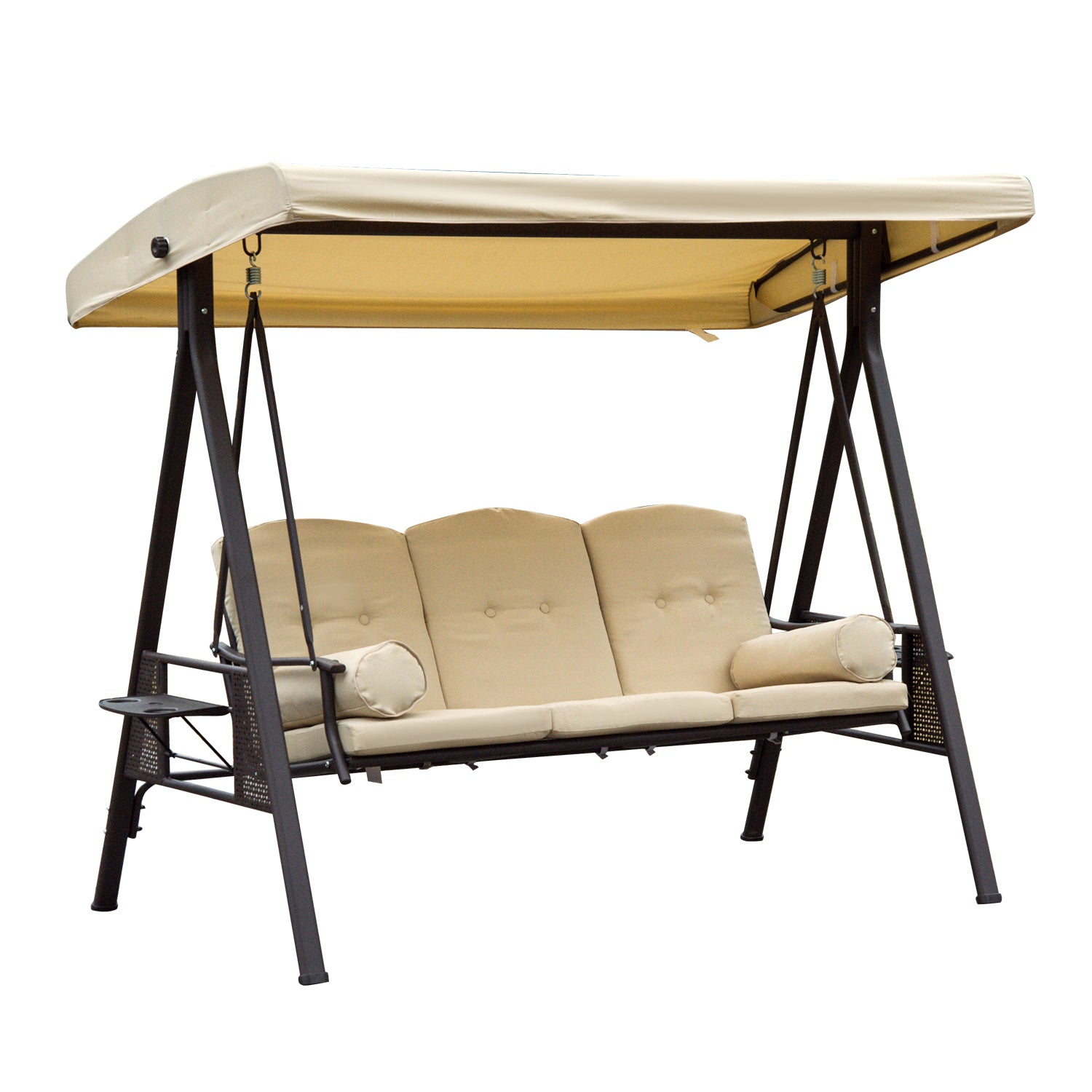 3-Seater Hollywood Swing Garden Swing with Sun Canopy Cushion Metal Polyester Khaki 116 x 206 x 183 cm