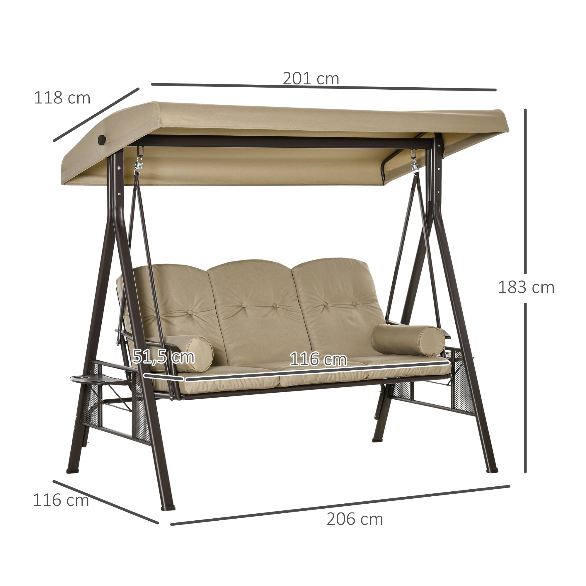 3-Seater Hollywood Swing Garden Swing with Sun Canopy Cushion Metal Polyester Khaki 116 x 206 x 183 cm